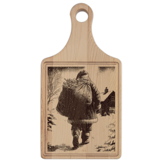 Santa Walking with Gift Sack Engraved Wooden Cutting Board Paddle w Handle