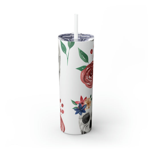 Skulls Floral Skinny Steel Tumbler with Straw, 20oz