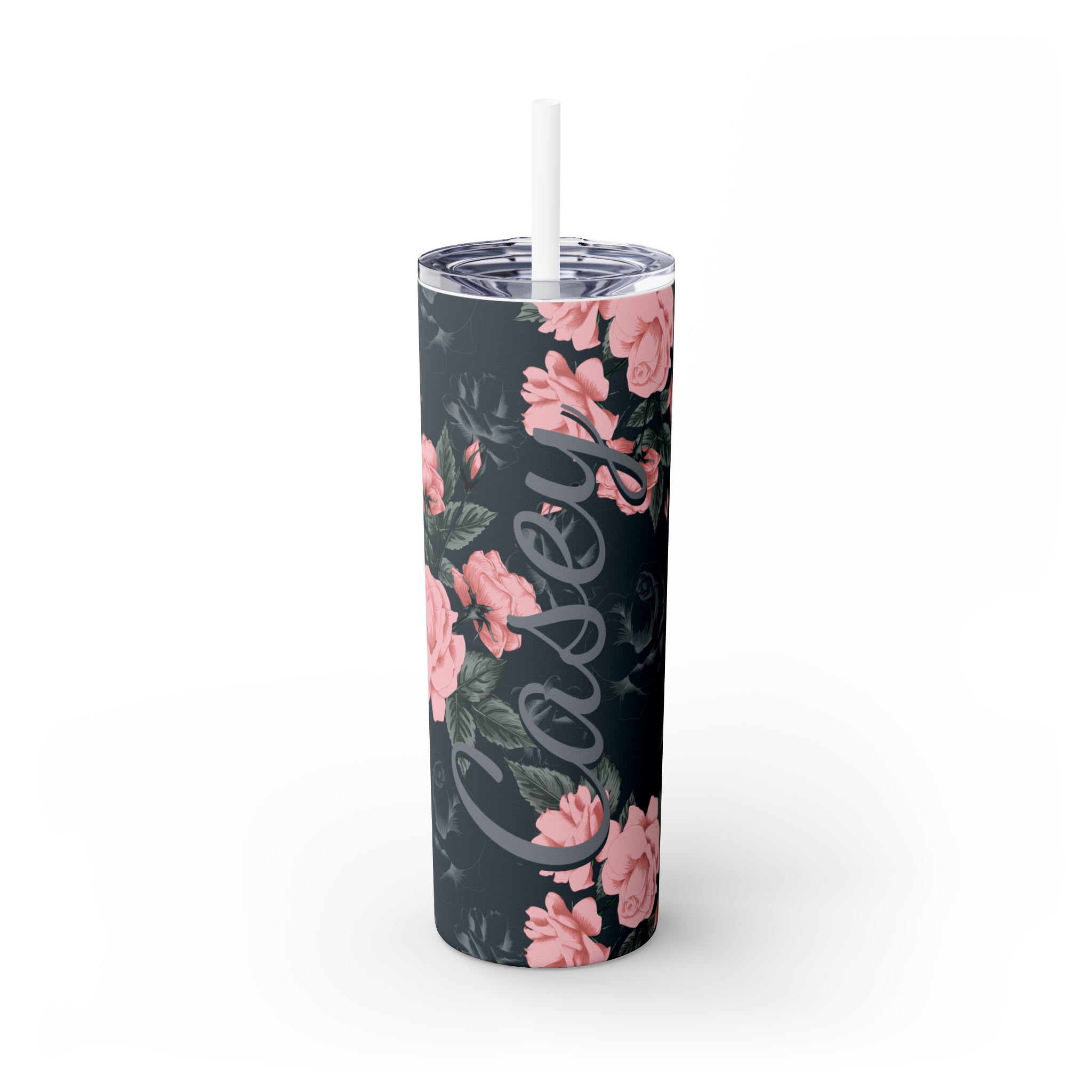 Floral Personalized Skinny Steel Tumbler with Straw, 20oz Floral Personalized Skinny Steel Tumbler with Straw, 20oz