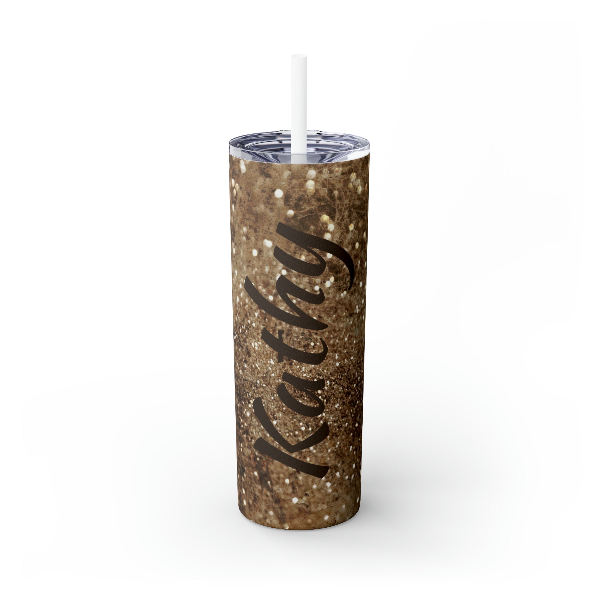Gold Glitter Personalized Skinny Steel Tumbler with Straw, 20oz Gold Glitter Personalized Skinny Steel Tumbler with Straw, 20oz