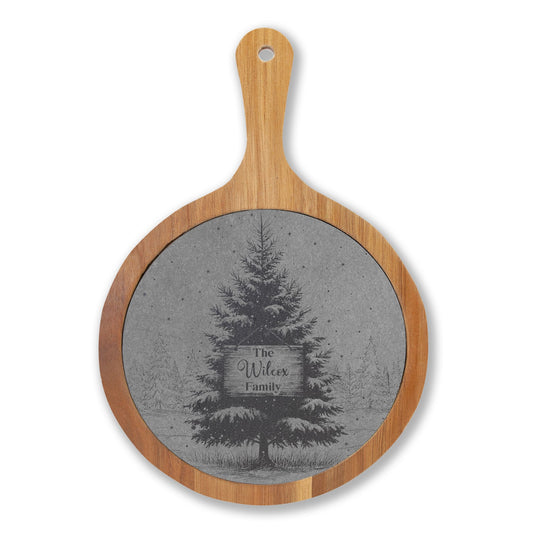 Christmas Tree with Wooden Sign Personalized Engraved Round Charcuterie Board with Handle