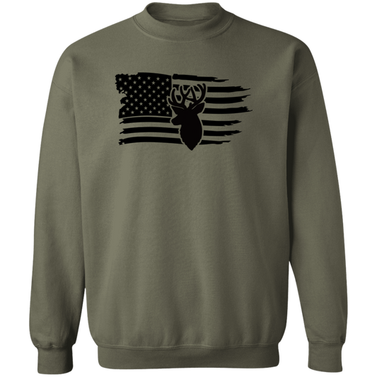 Distressed American Flag Deer G180 Crewneck Pullover Sweatshirt