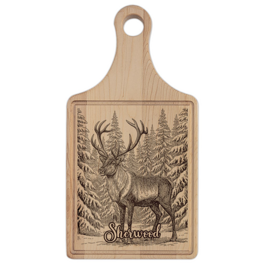 Reindeer in Snow Personalized Engraved Wooden Cutting Board Paddle w Handle