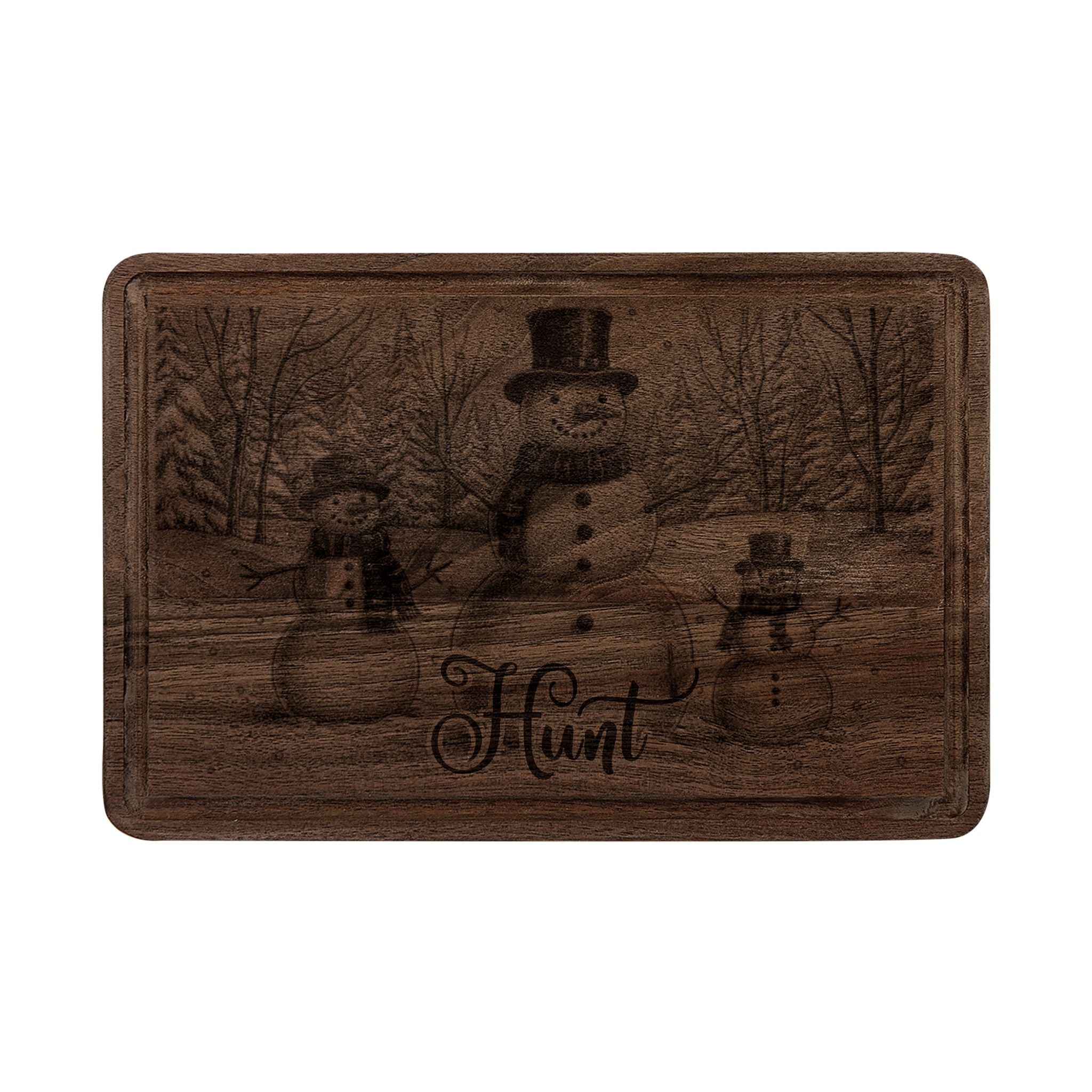 Snowman Trio in Forest Personalized Engraved Wooden Cutting Board