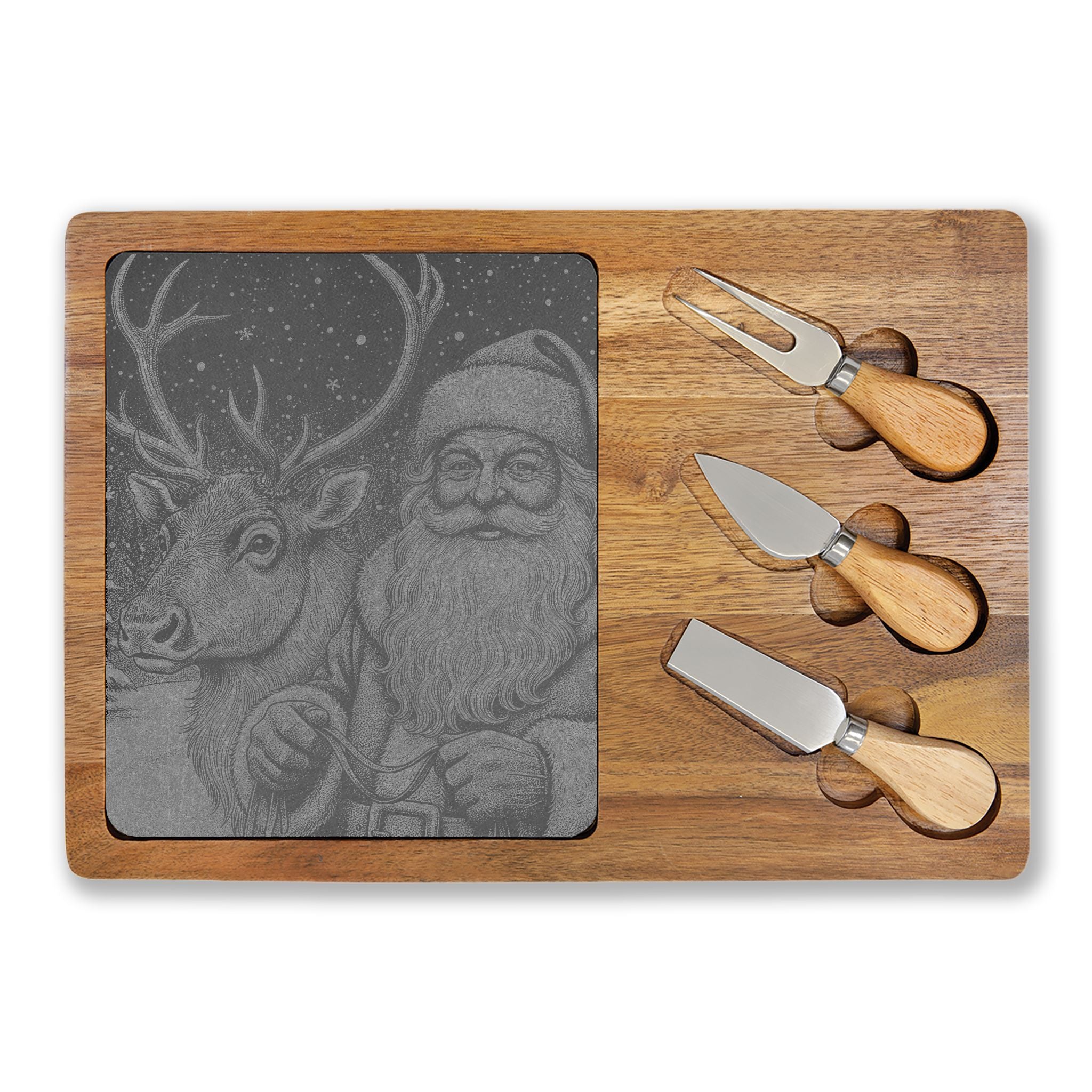 Santa and Reindeer Engraved Charcuterie Board with Slate Inset & 3 Cheese Knives