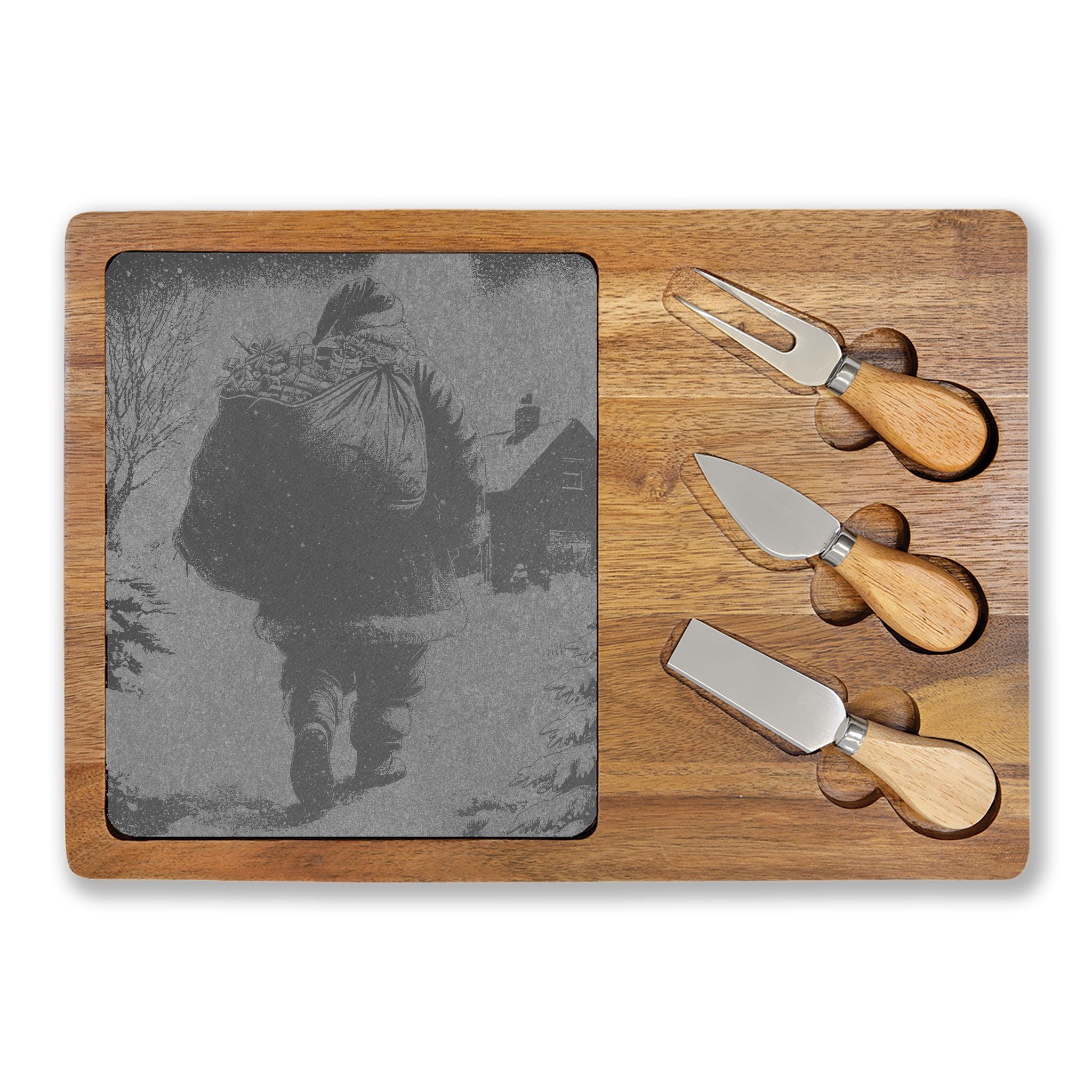 Santa Walking with Gift Sack Engraved Charcuterie Board with Slate Inset & 3 Cheese Knives