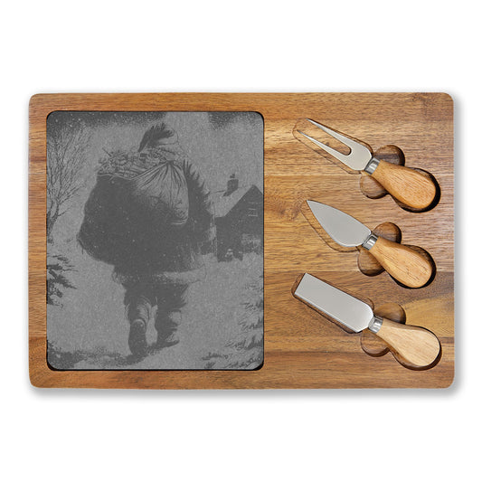 Santa Walking with Gift Sack Engraved Charcuterie Board with Slate Inset & 3 Cheese Knives