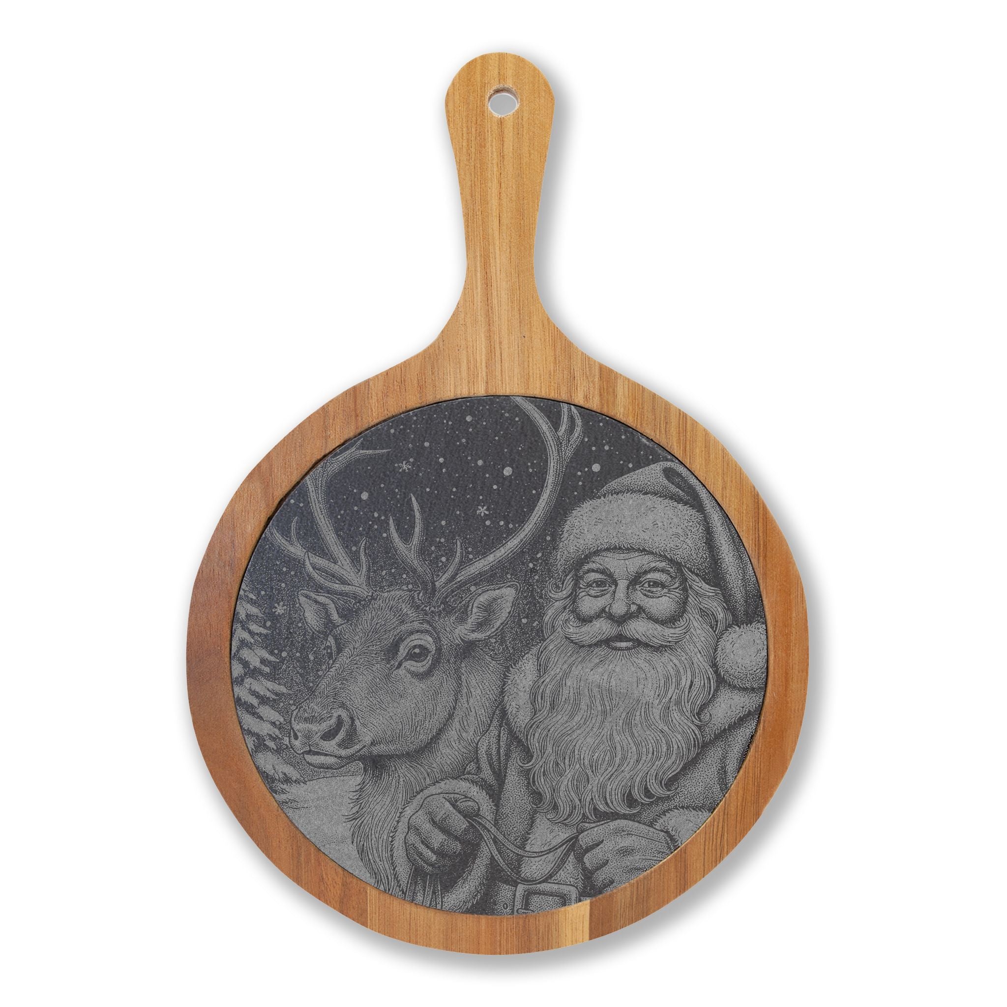 Santa and Reindeer Engraved Round Charcuterie Board with Handle