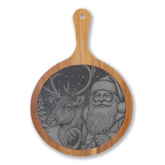 Santa and Reindeer Engraved Round Charcuterie Board with Handle