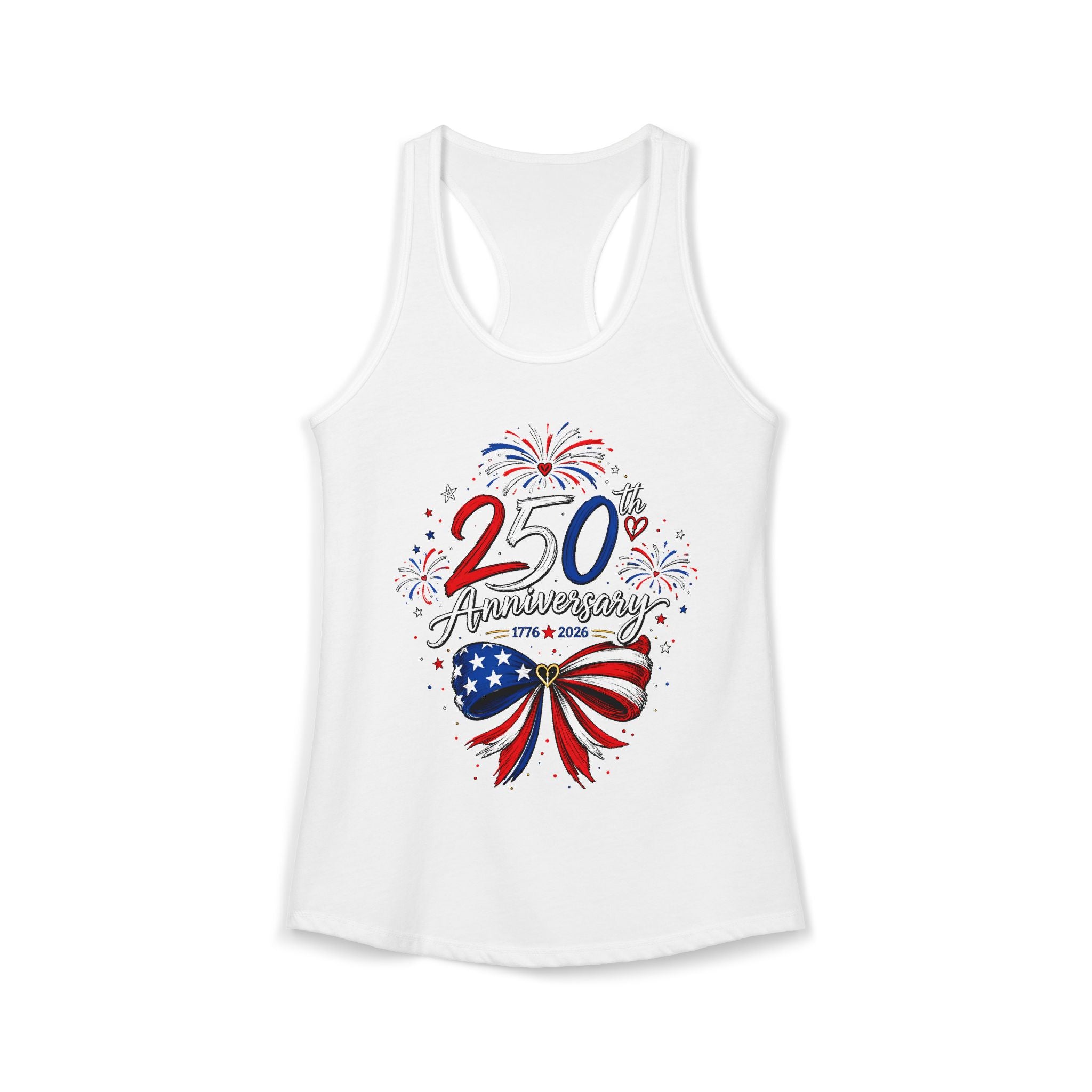 Ribbon Bow 250th Anniversary 1776 2026 Patriotic Americana Basic Racerback Tank Top - Women's
