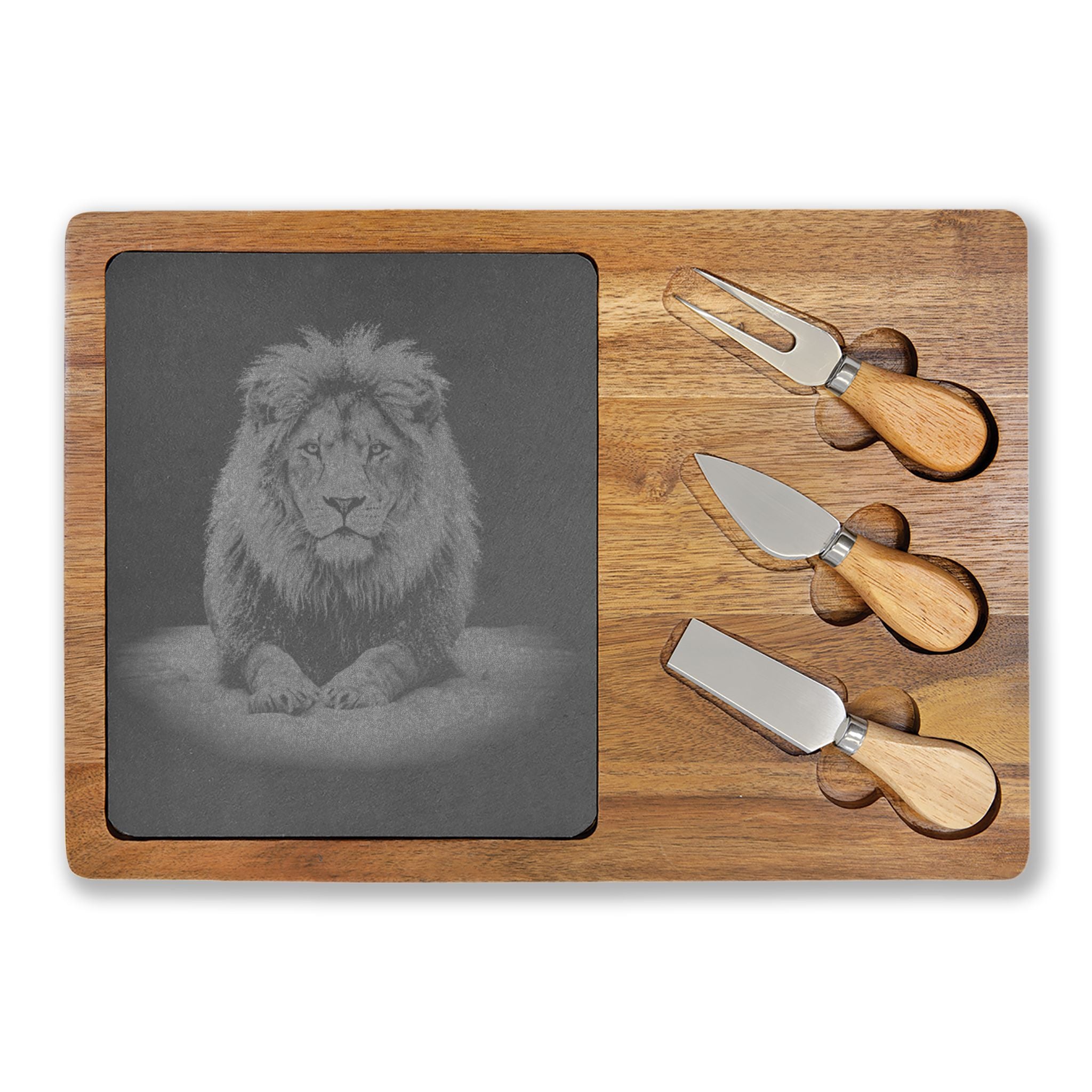 Lion Snow Engraved Charcuterie Board with Slate Inset & 3 Cheese Knives