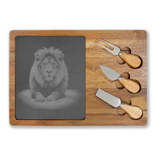 Lion Snow Engraved Charcuterie Board with Slate Inset & 3 Cheese Knives