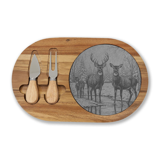 Deer Family in Snow Engraved Charcuterie Board with Slate Insert & Cheese Knives