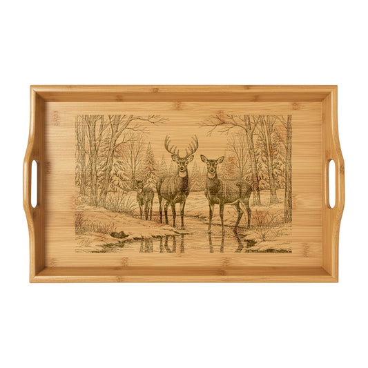 Deer Family in Snow Engraved Bamboo Serving Tray