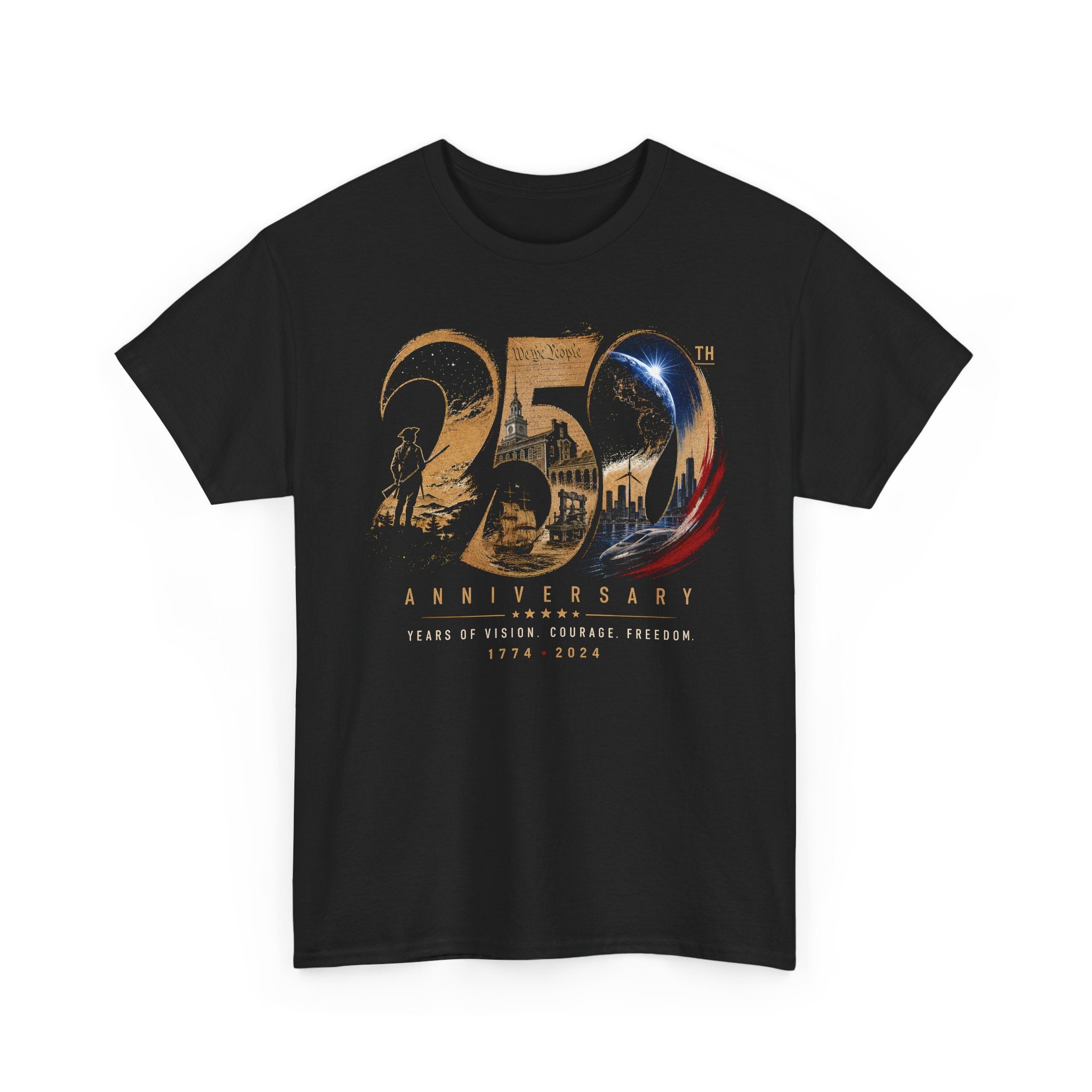 Gold Number Skyline USA 250 Anniversary Distressed Patriotic Basic T-Shirt - Unisex