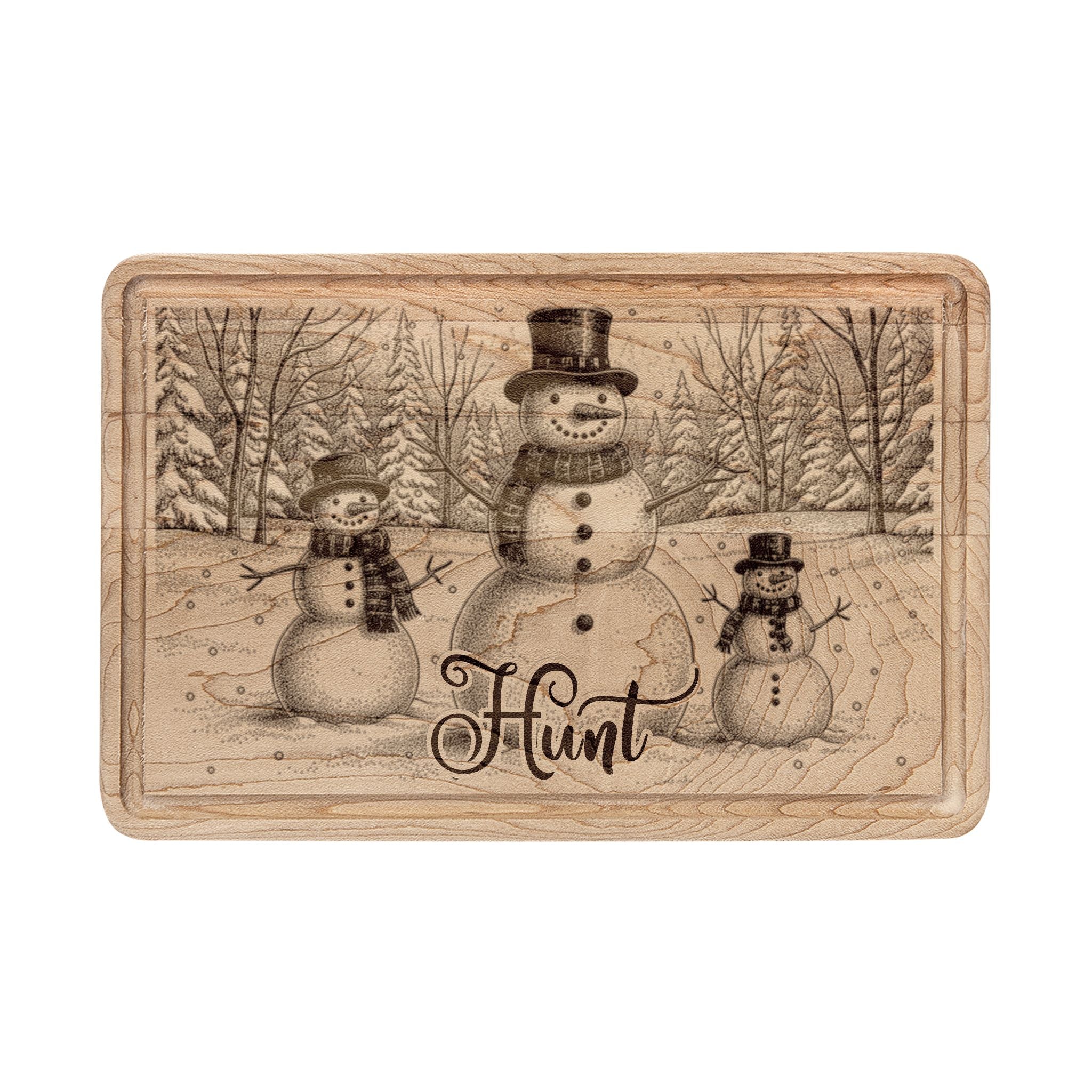 Snowman Trio in Forest Personalized Engraved Wooden Cutting Board