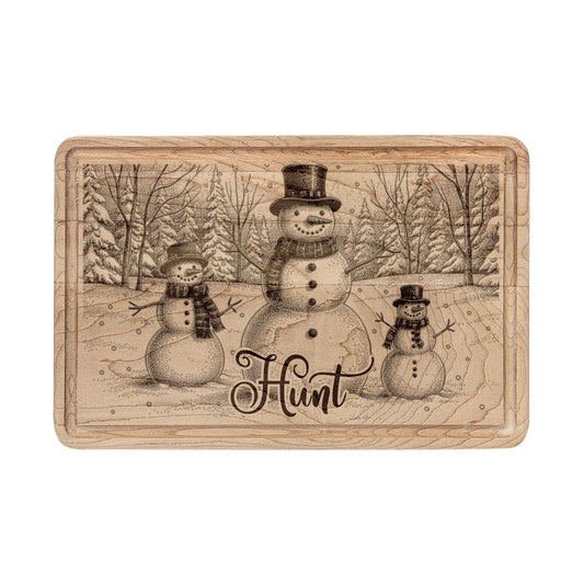 Snowman Trio in Forest Personalized Engraved Wooden Cutting Board