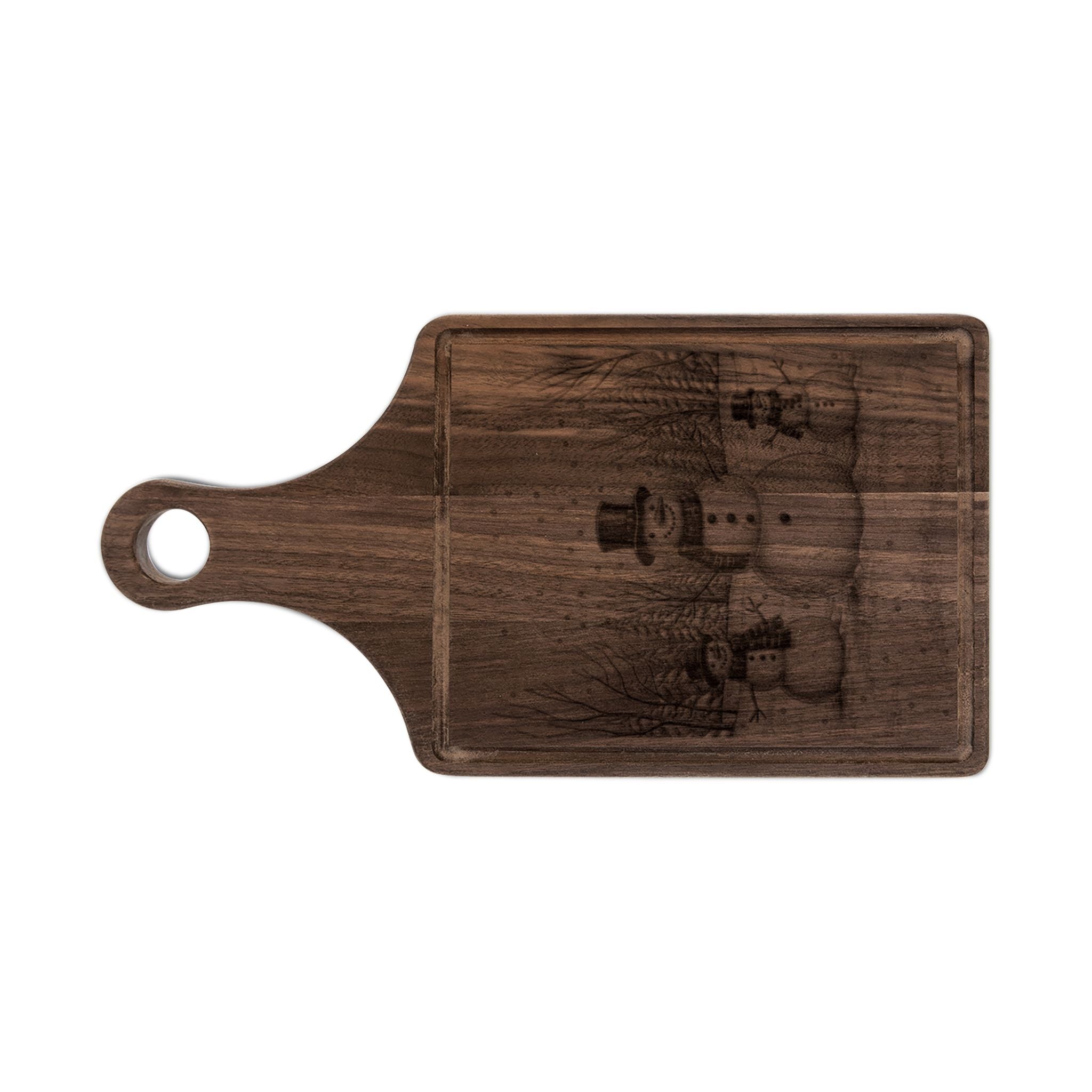 Snowman Trio in Forest Engraved Wooden Cutting Board Paddle w Handle