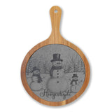 Snowman Trio in Forest Personalized Engraved Round Charcuterie Board with Handle