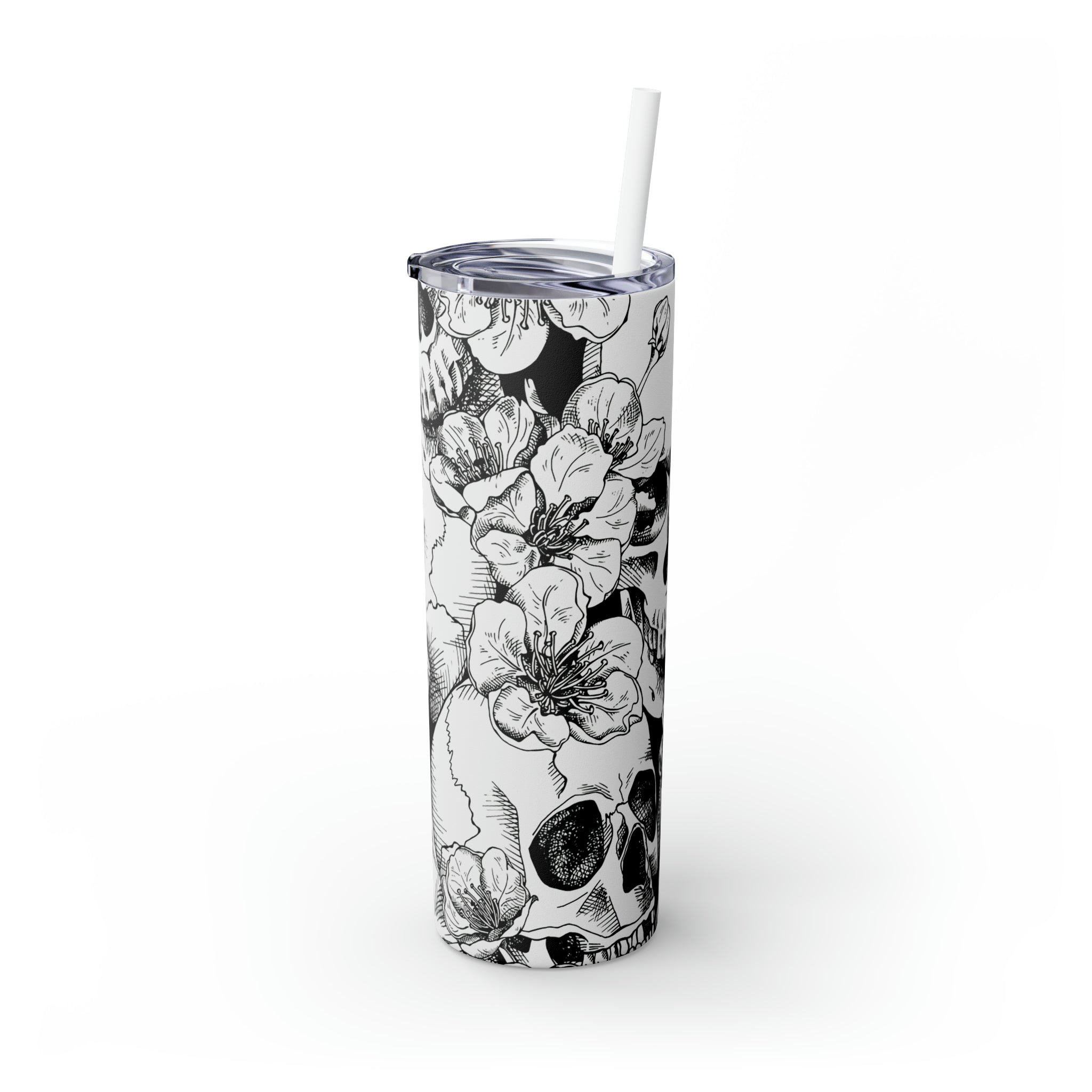 Skull Floral Skinny Steel Tumbler with Straw, 20oz