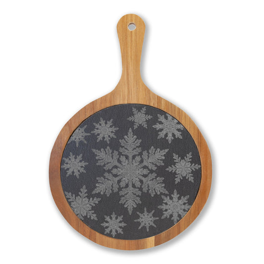 Snowflakes Engraved Round Charcuterie Board with Handle