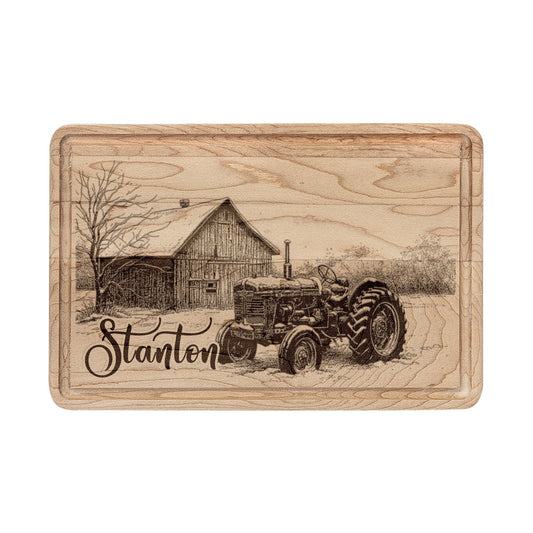 Tractor and Barn in Winter Personalized Engraved Wooden Cutting Board