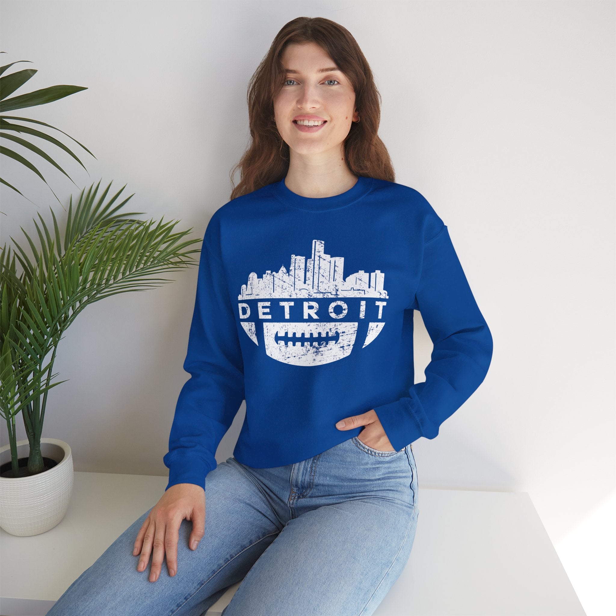 Detroit Football Skyline White Crewneck Sweatshirt - Unisex