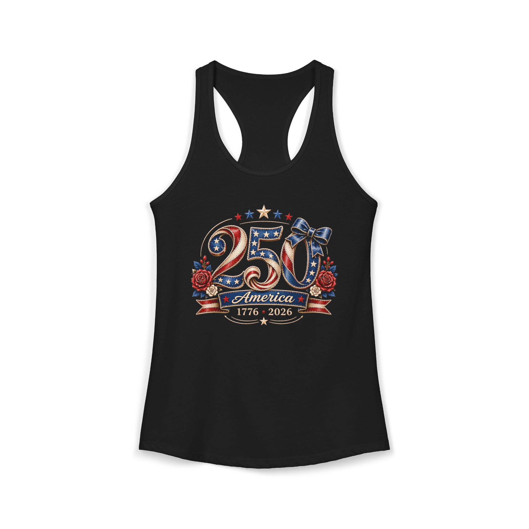 Feminine Bow 250 America 1776 2026 Floral Patriotic Basic Racerback Tank Top - Women's