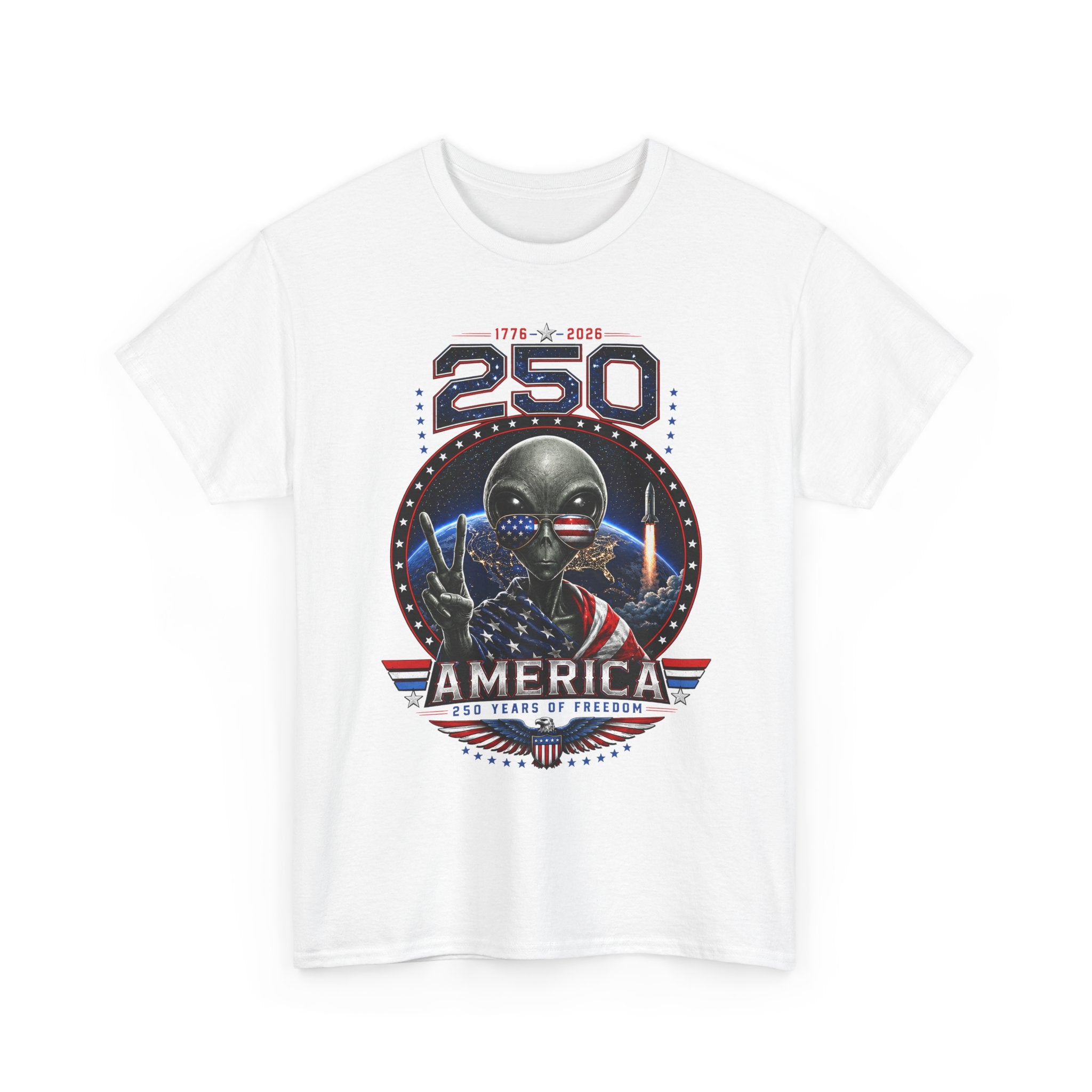 Alien Peace Sign USA 250 Anniversary Distressed Patriotic Basic T-Shirt - Unisex