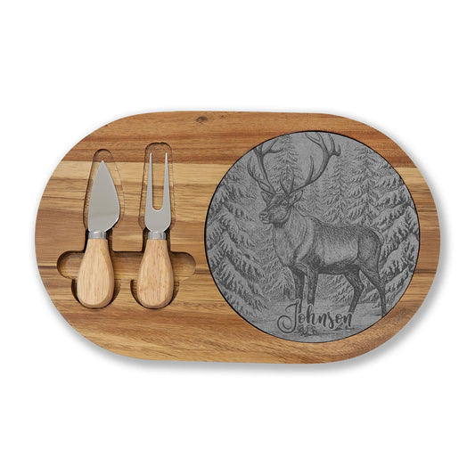 Reindeer in Snow Personalized Engraved Charcuterie Board with Slate Insert & Cheese Knives