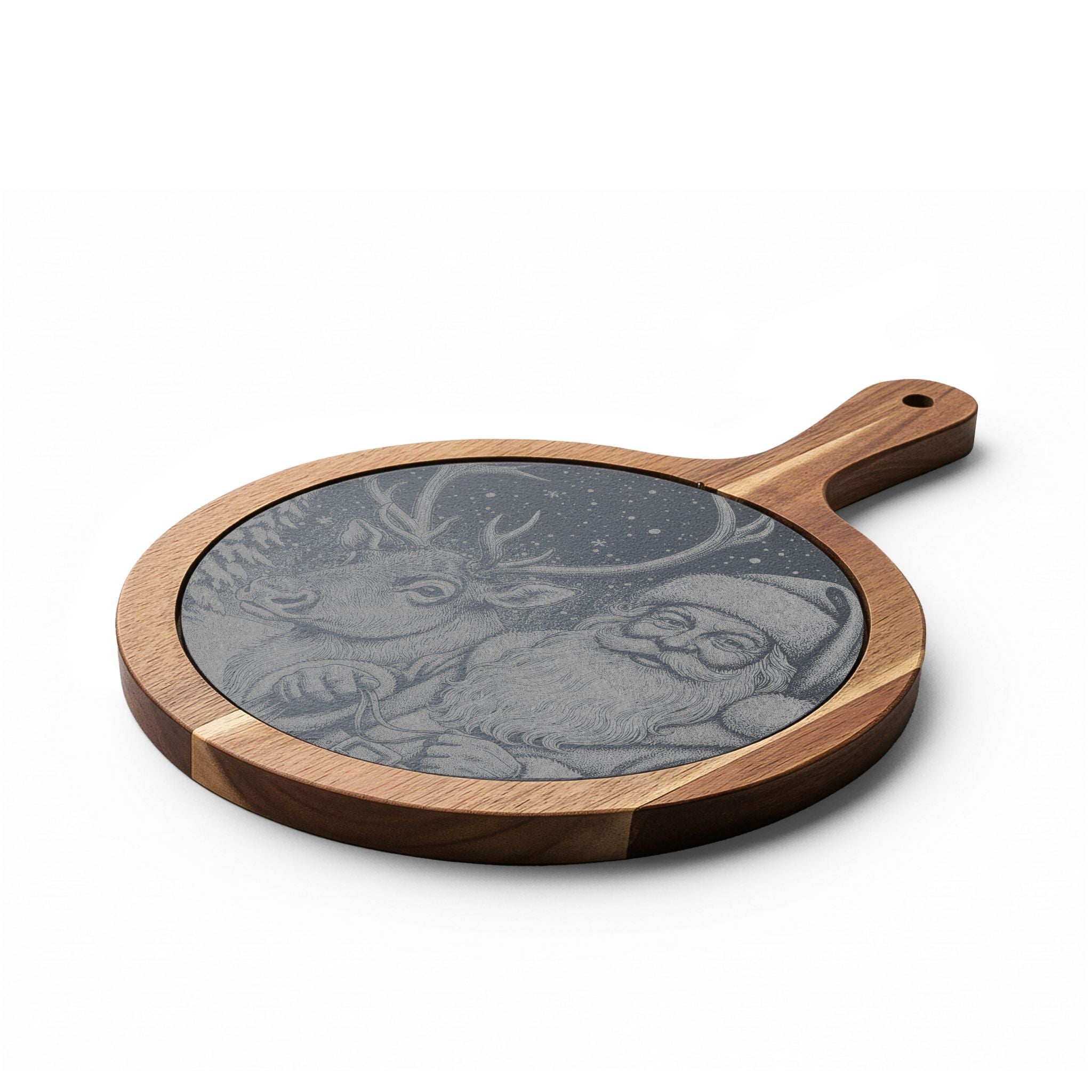 Santa and Reindeer Engraved Round Charcuterie Board with Handle