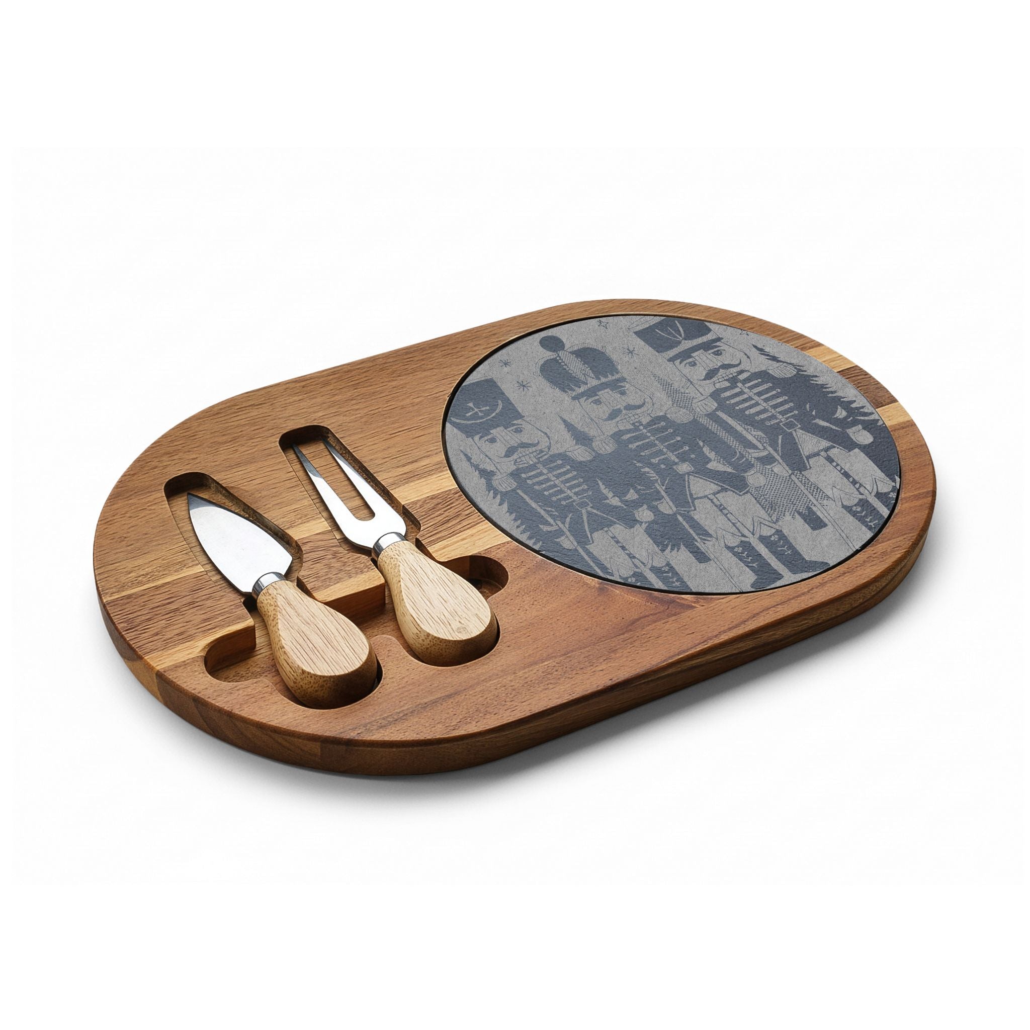 Nutcrackers Merry Christmas Engraved Charcuterie Board with Slate Insert & Cheese Knives