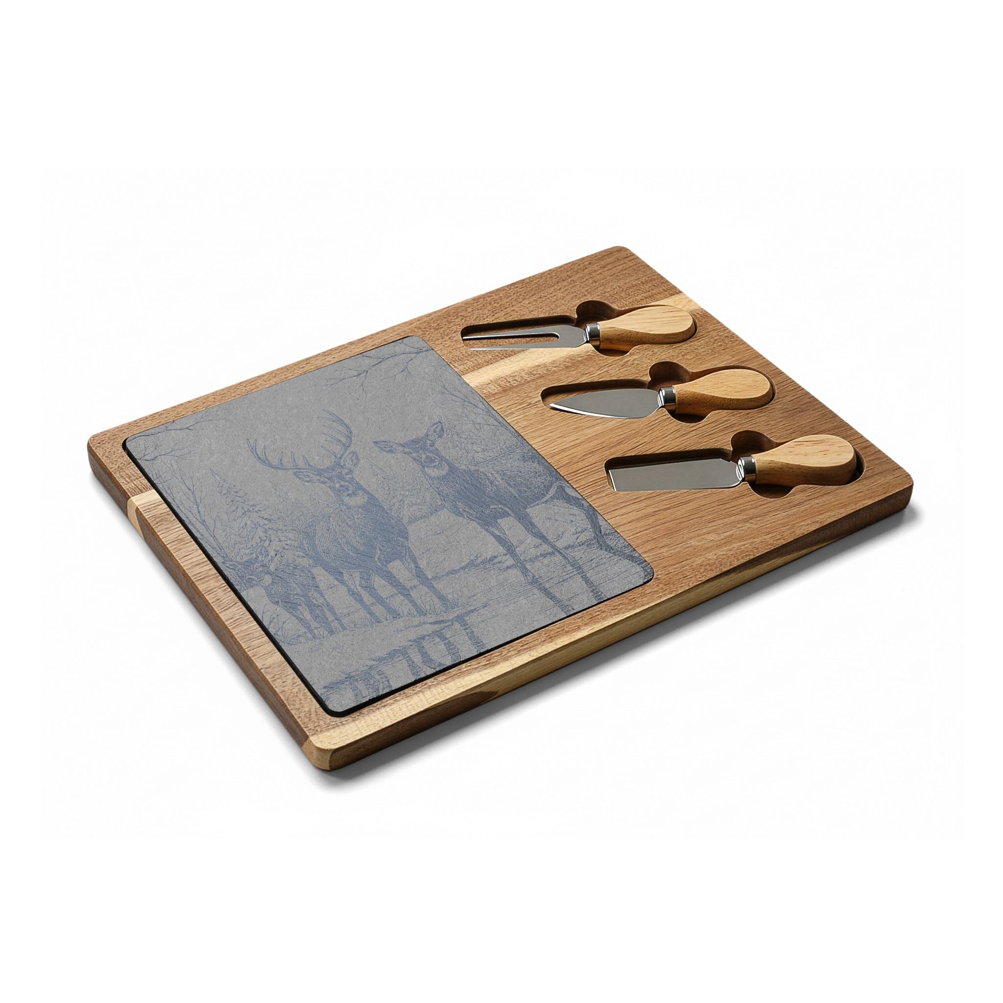 Deer Family in Snow Engraved Charcuterie Board with Slate Inset & 3 Cheese Knives