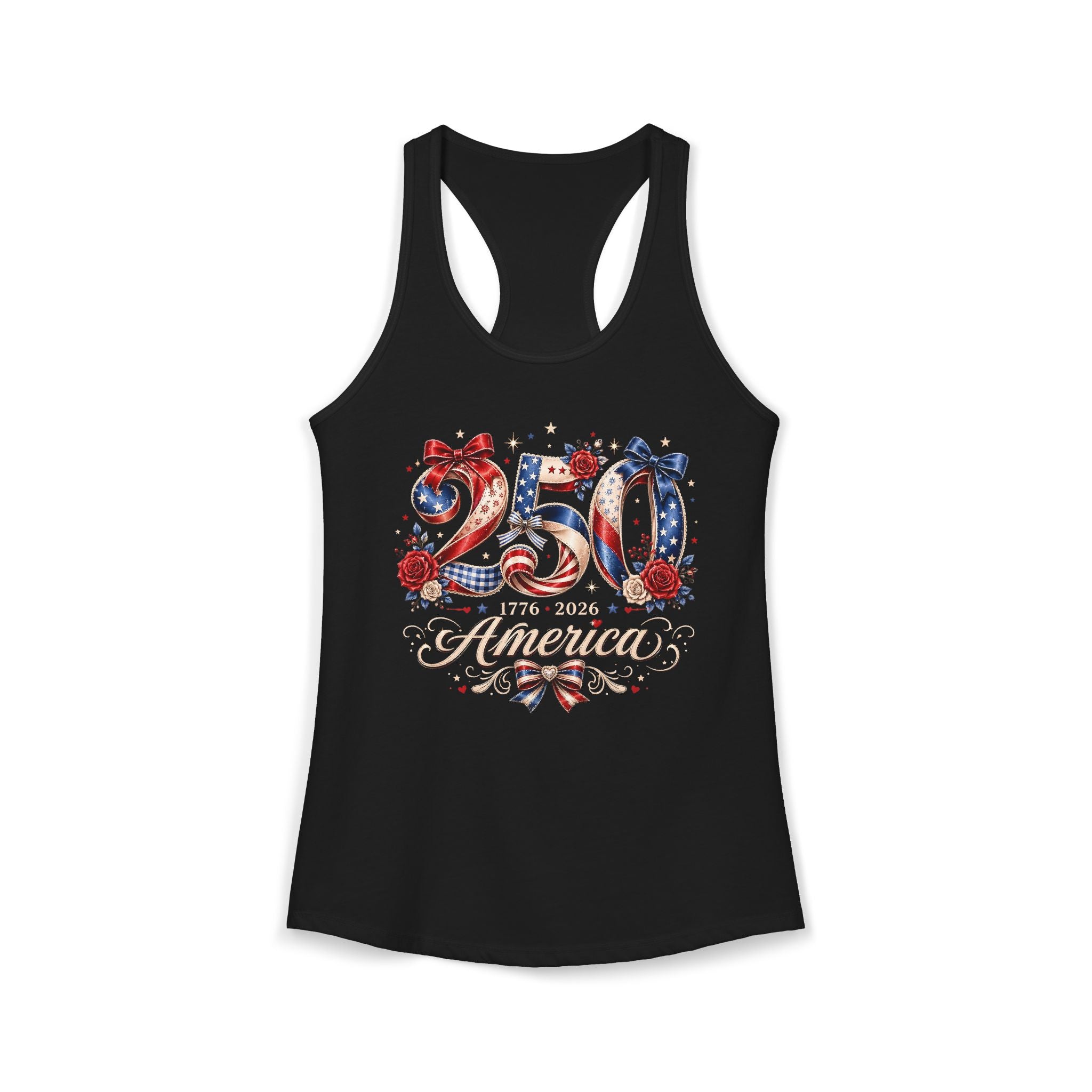 Rose Bow America 250 1776 2026 Floral Patriotic Basic Racerback Tank Top - Women's