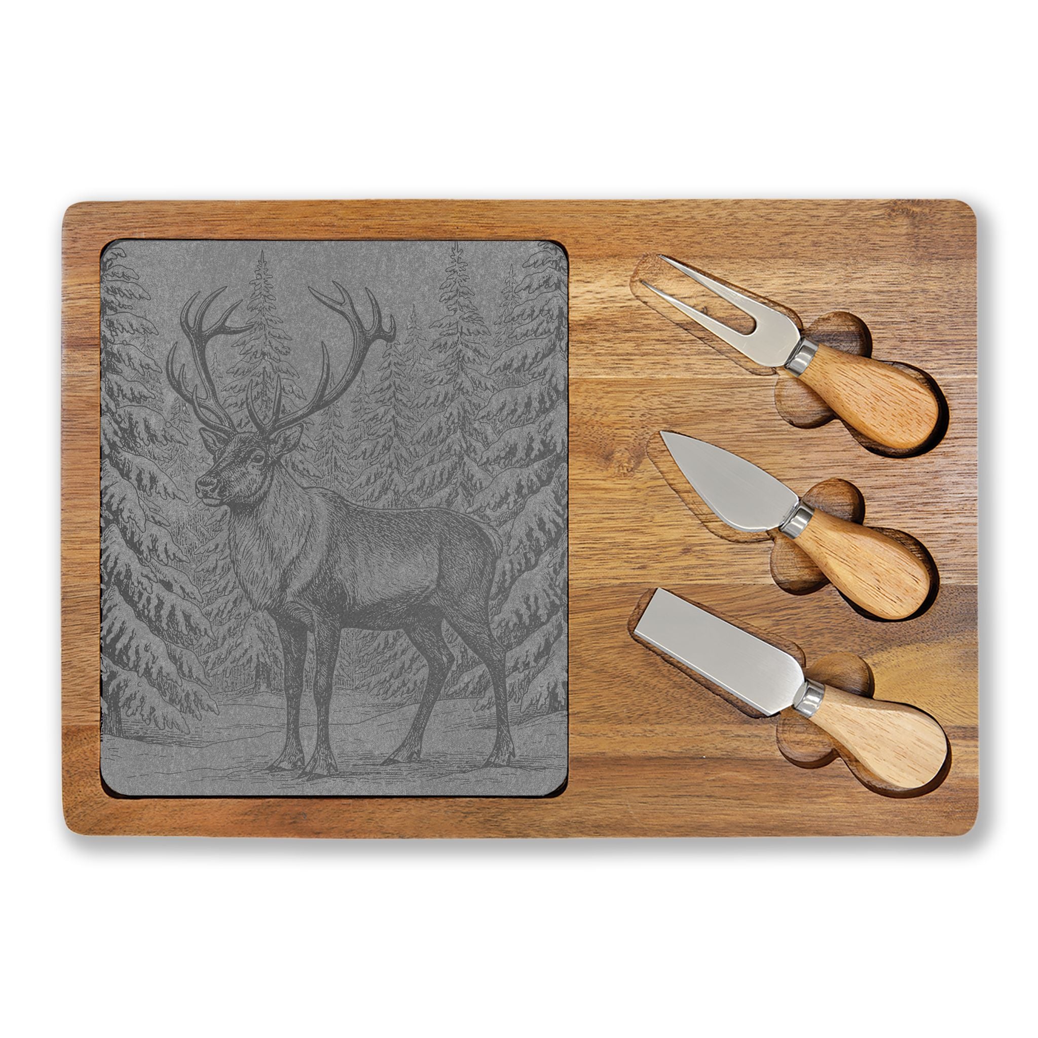 Reindeer in Snow Engraved Charcuterie Board with Slate Inset & 3 Cheese Knives