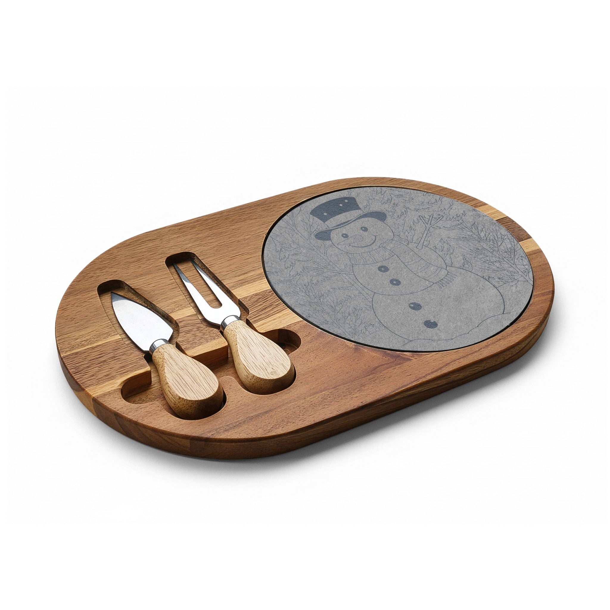Snowman Happy Holidays Engraved Charcuterie Board with Slate Insert & Cheese Knives
