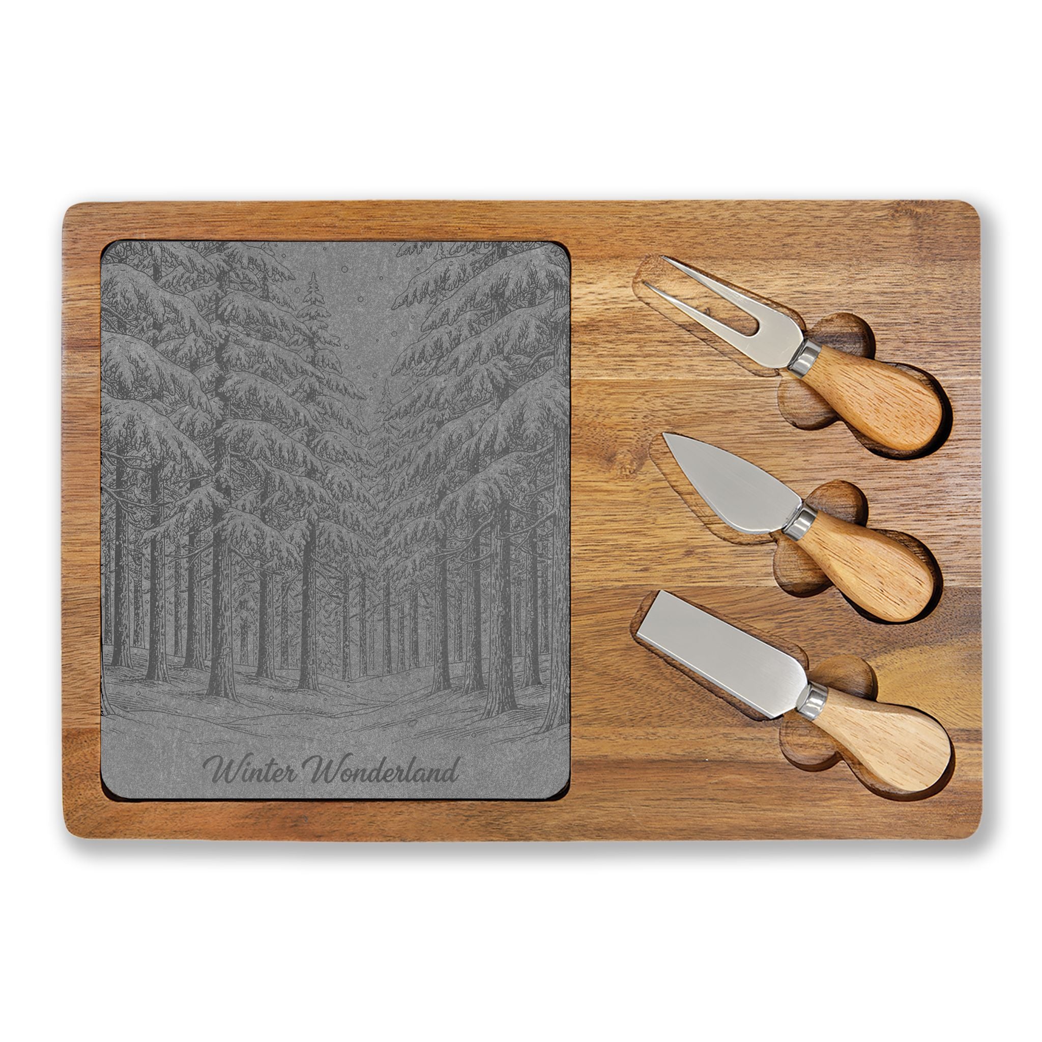 Winter Wonderland Forest Engraved Charcuterie Board with Slate Inset & 3 Cheese Knives
