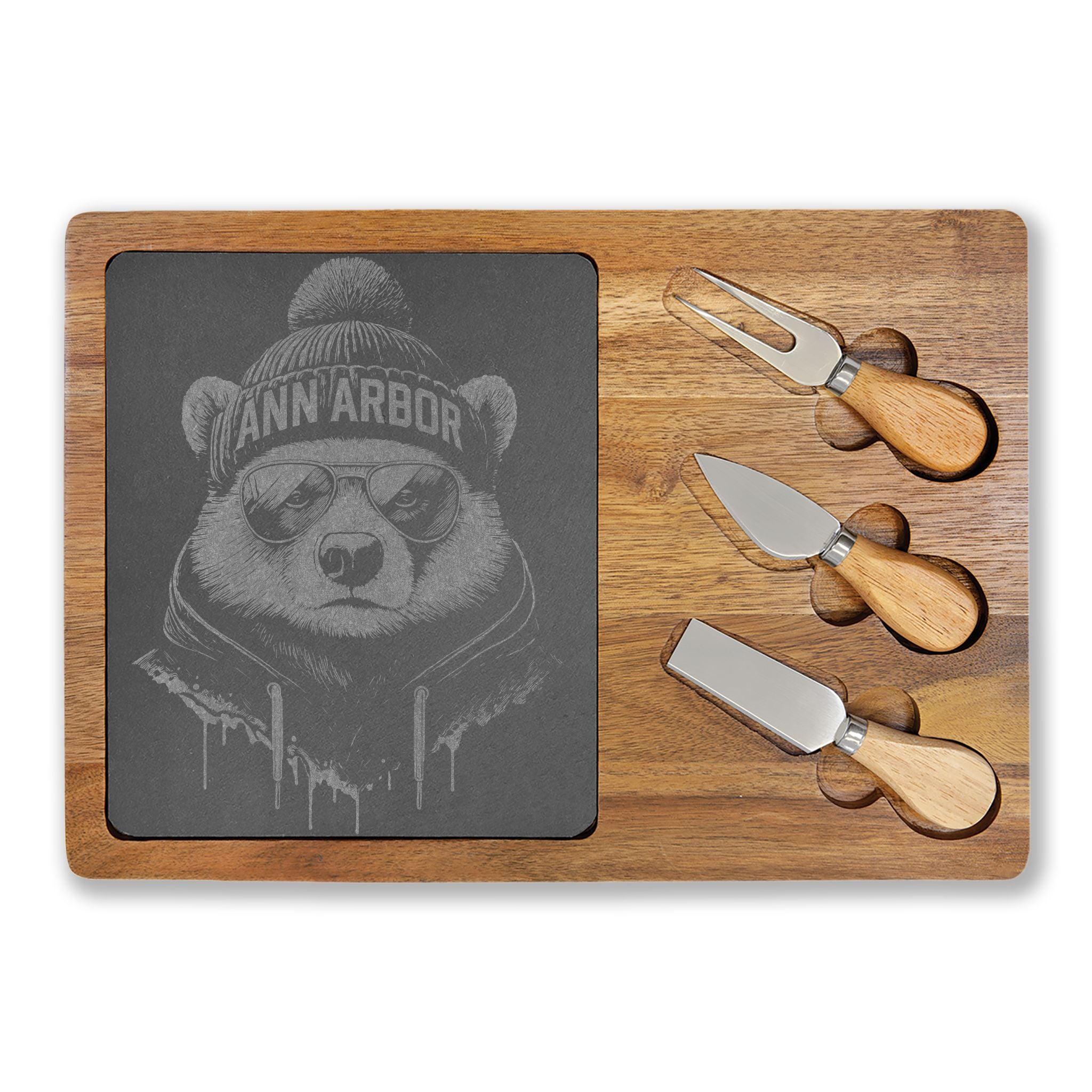 Winter Wolverine MI Engraved Charcuterie Board with Slate Inset & 3 Cheese Knives