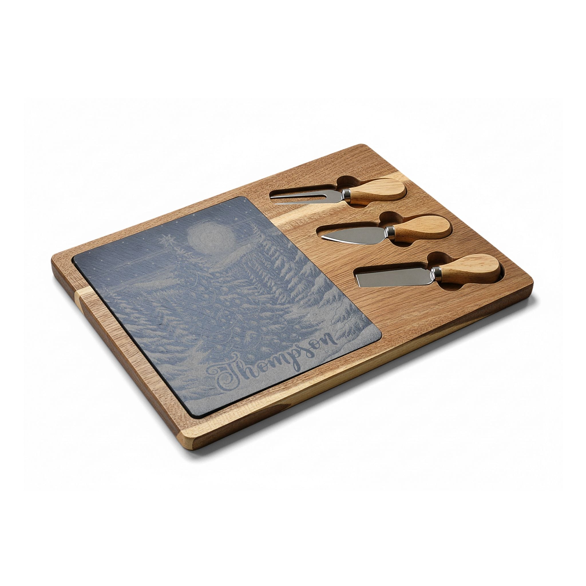 Christmas Tree Personalized Engraved Charcuterie Board with Slate Inset & 3 Cheese Knives