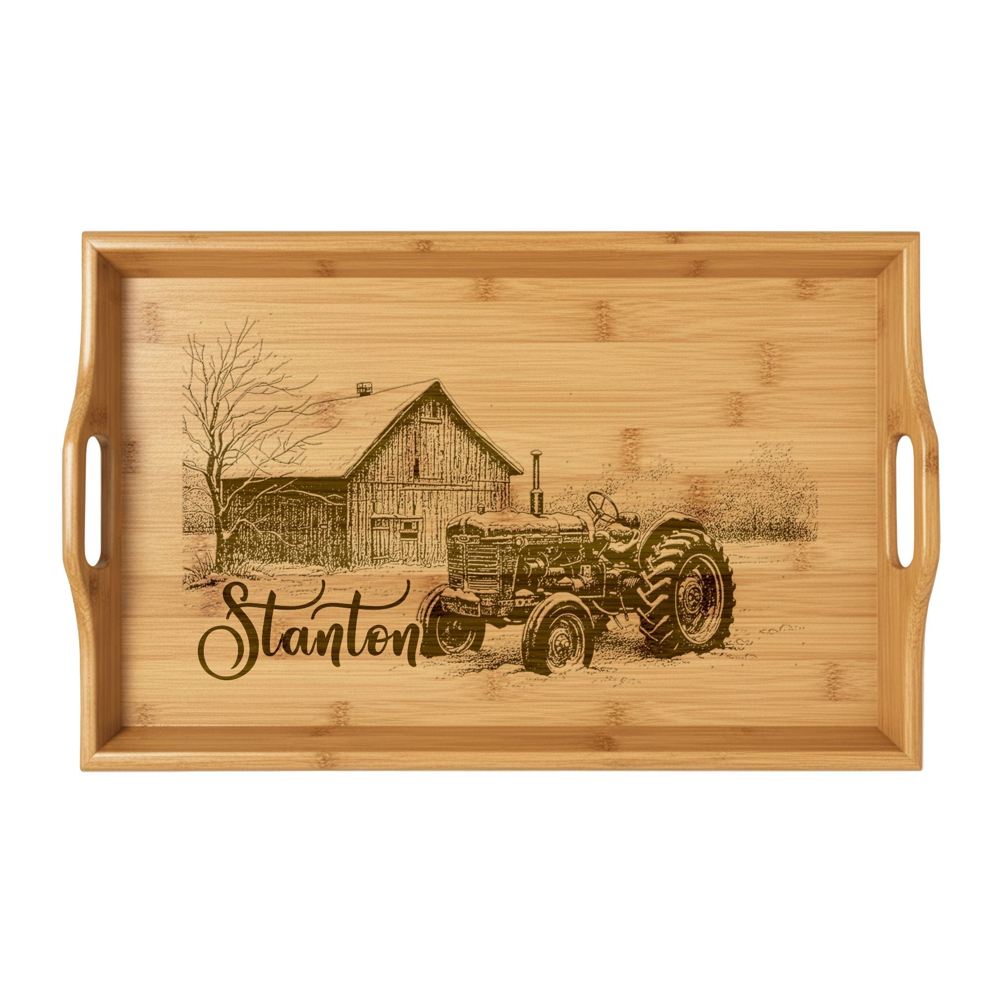 Tractor and Barn in Winter Personalized Engraved Bamboo Serving Tray