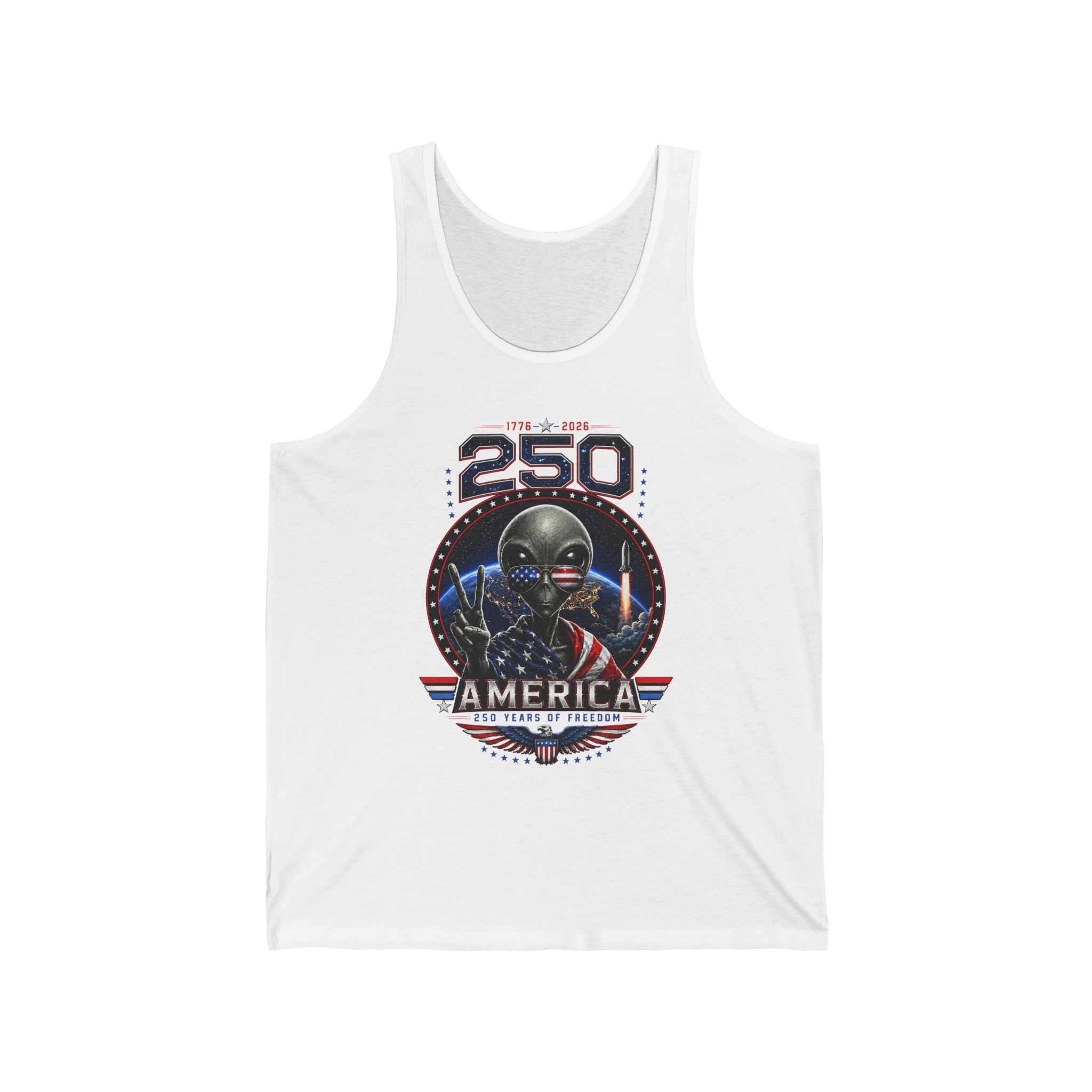 Alien Peace Sign USA 250 Anniversary Distressed Patriotic Basic T-Shirt - Unisex