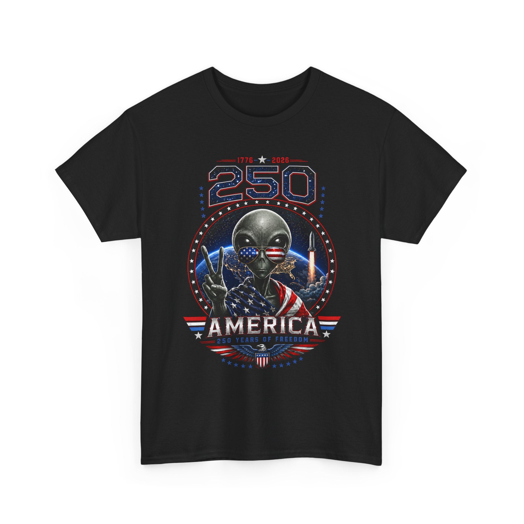 Alien Peace Sign USA 250 Anniversary Distressed Patriotic Basic T-Shirt - Unisex