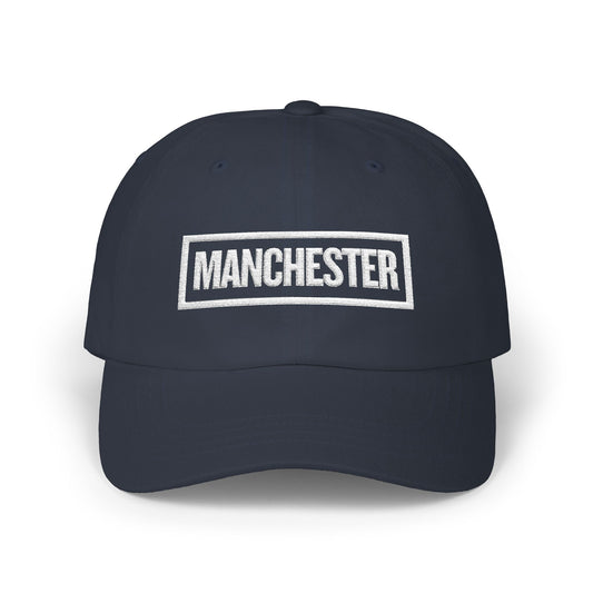 Manchester Bold & Square White Embroidery Dad Cap