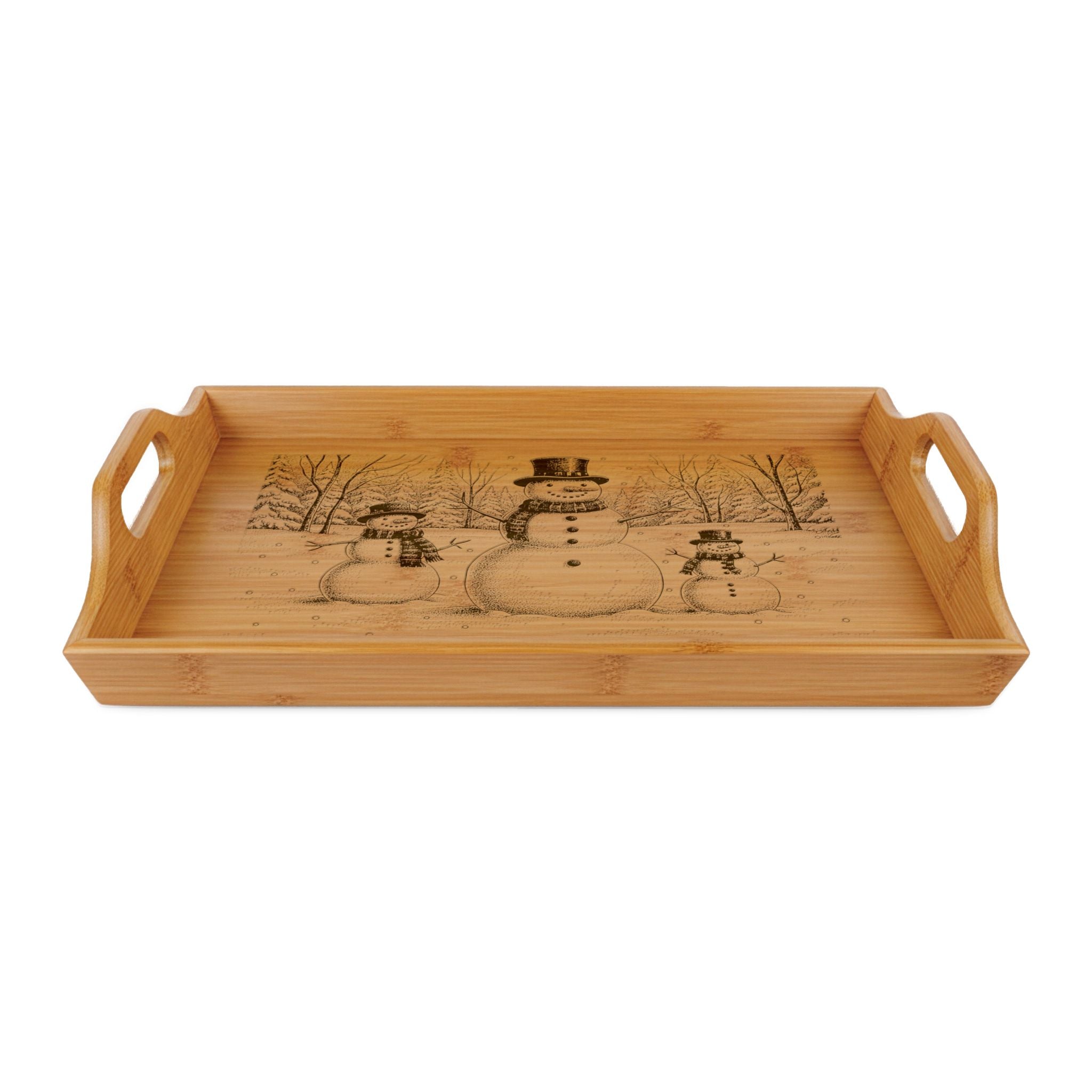 Snowman Trio in Forest Engraved Bamboo Serving Tray
