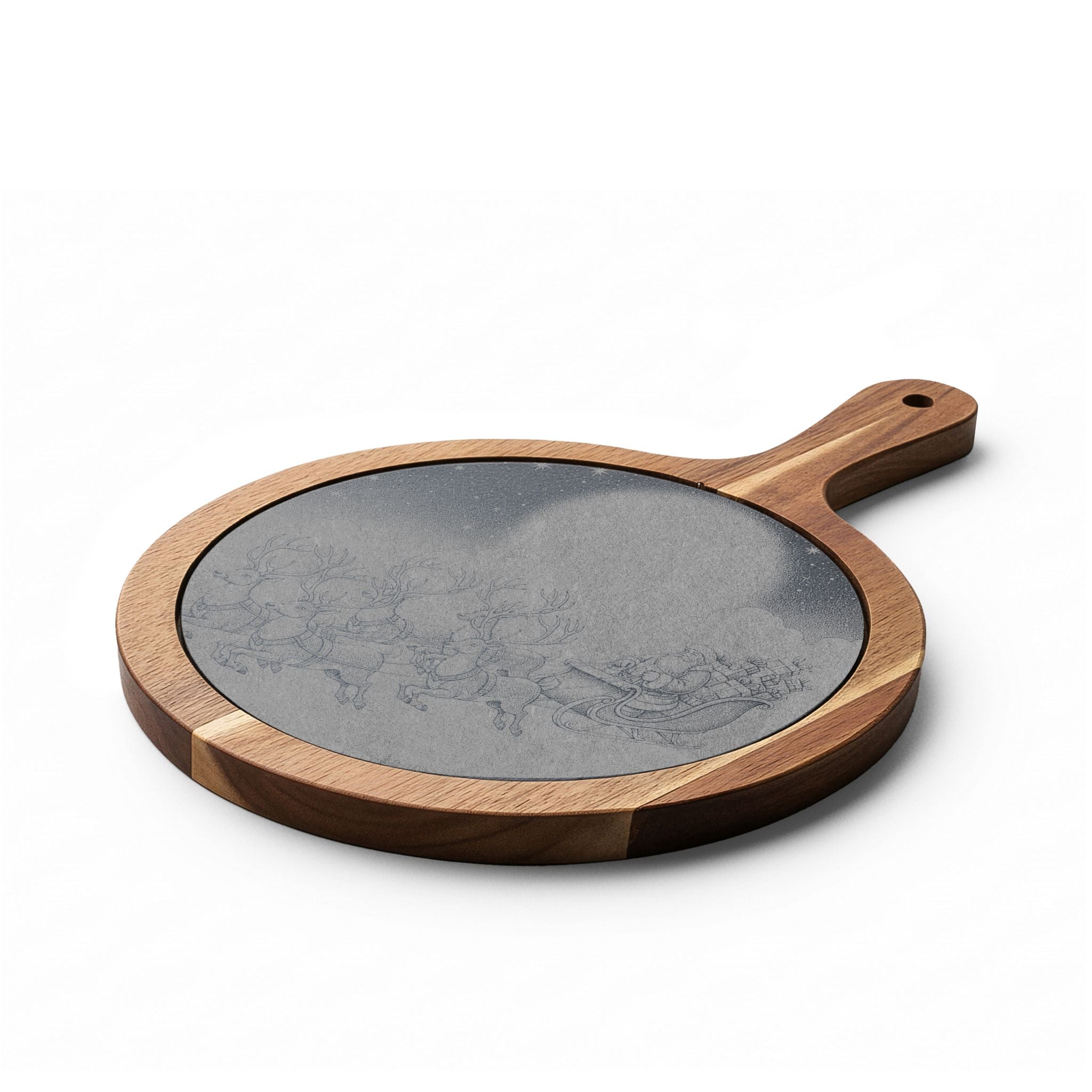 Santa Sleigh Flying Moon Engraved Round Charcuterie Board with Handle