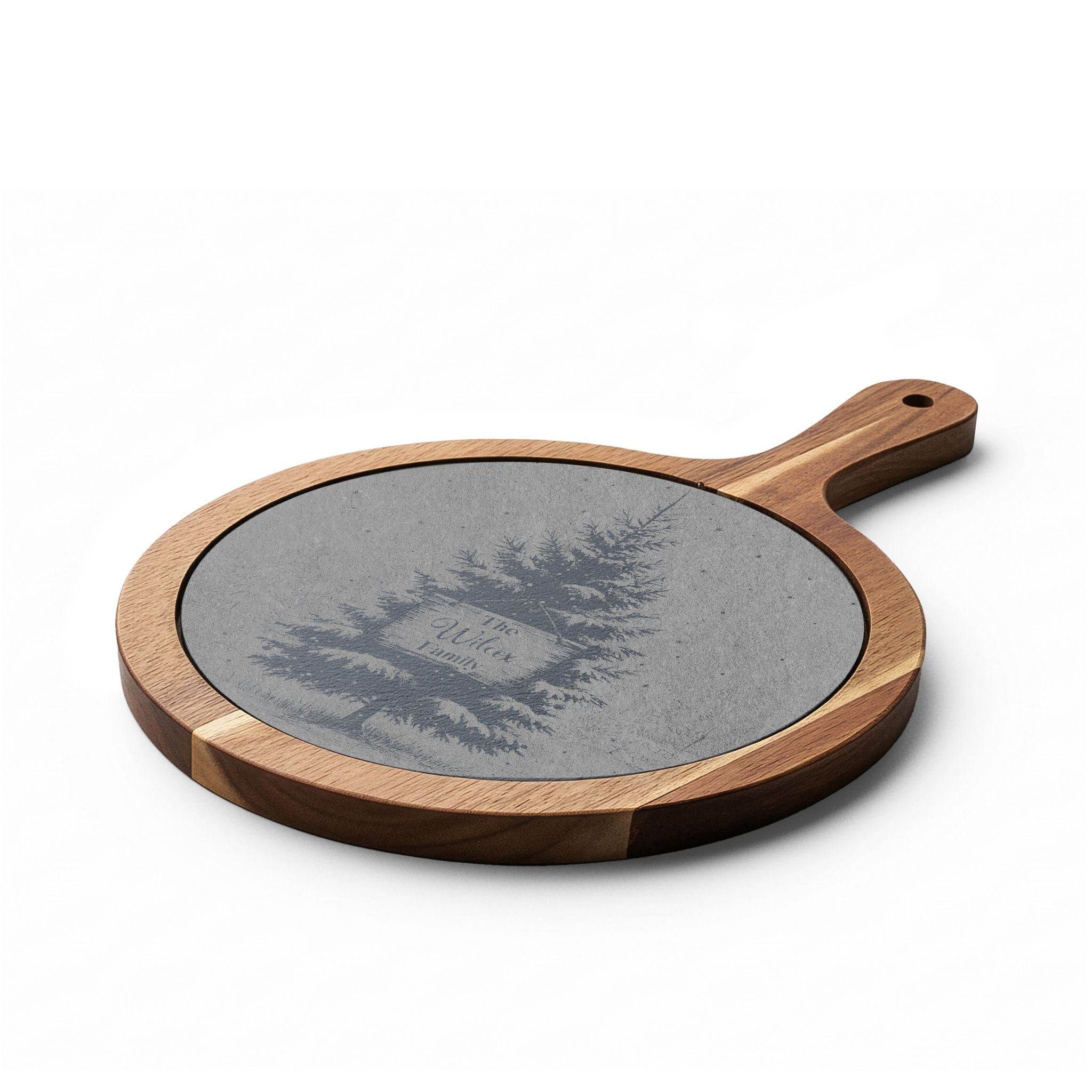Christmas Tree with Wooden Sign Personalized Engraved Round Charcuterie Board with Handle