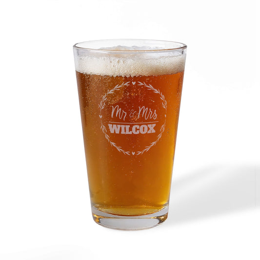 Mr & Mrs Name Personalized Engraved 16oz Pint Mixing Glass