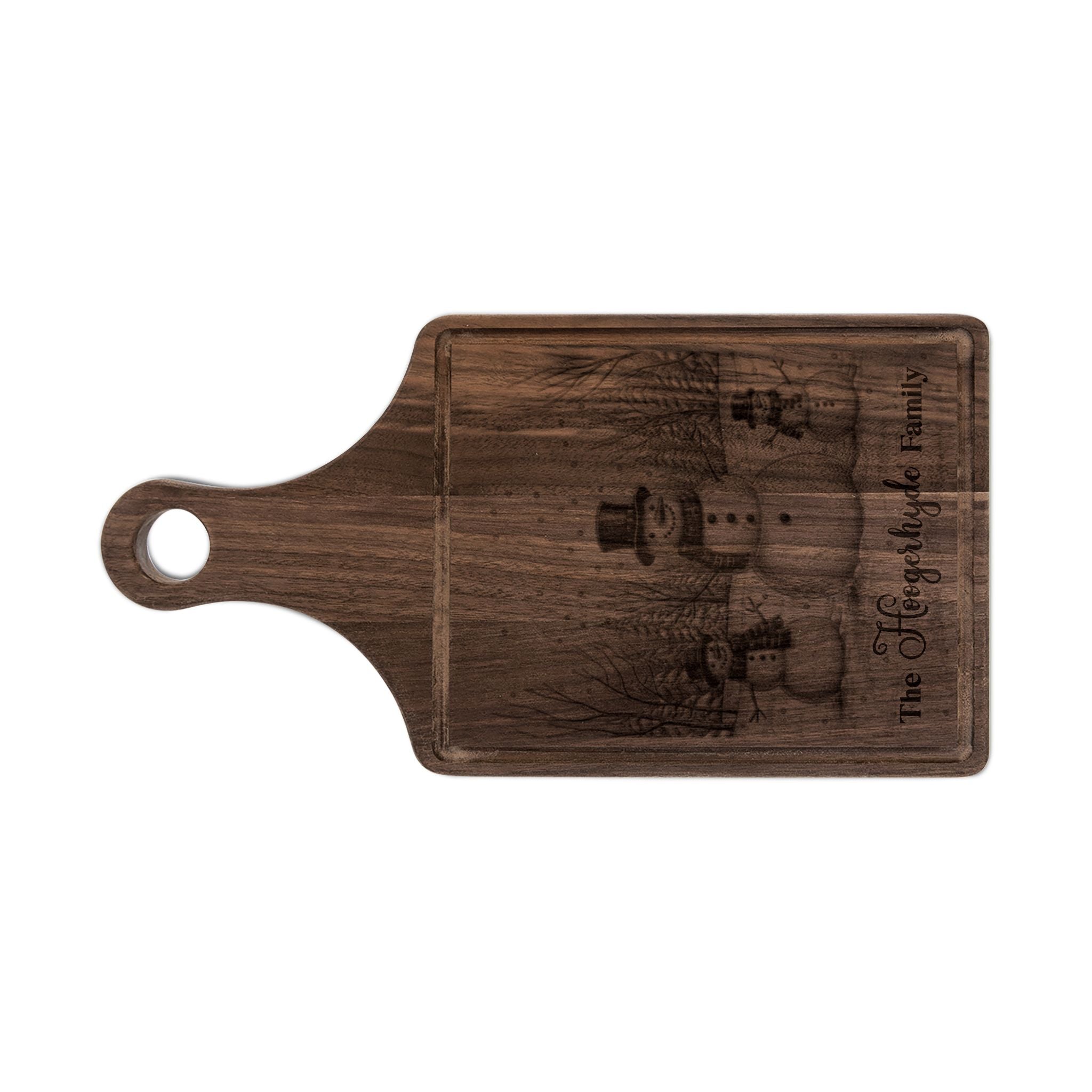 Snowman Trio in Forest Personalized Engraved Wooden Cutting Board Paddle w Handle