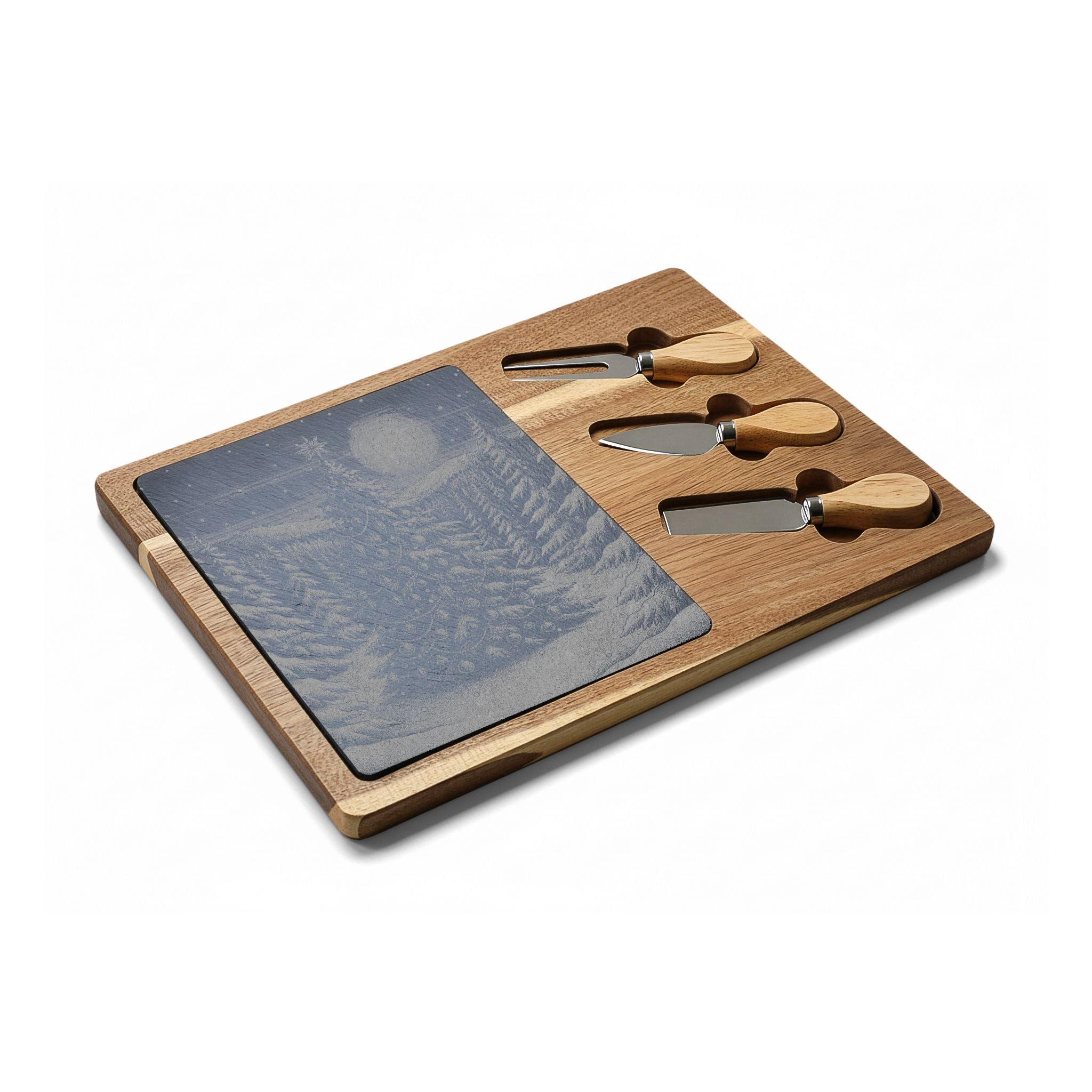 Christmas Tree Engraved Charcuterie Board with Slate Inset & 3 Cheese Knives