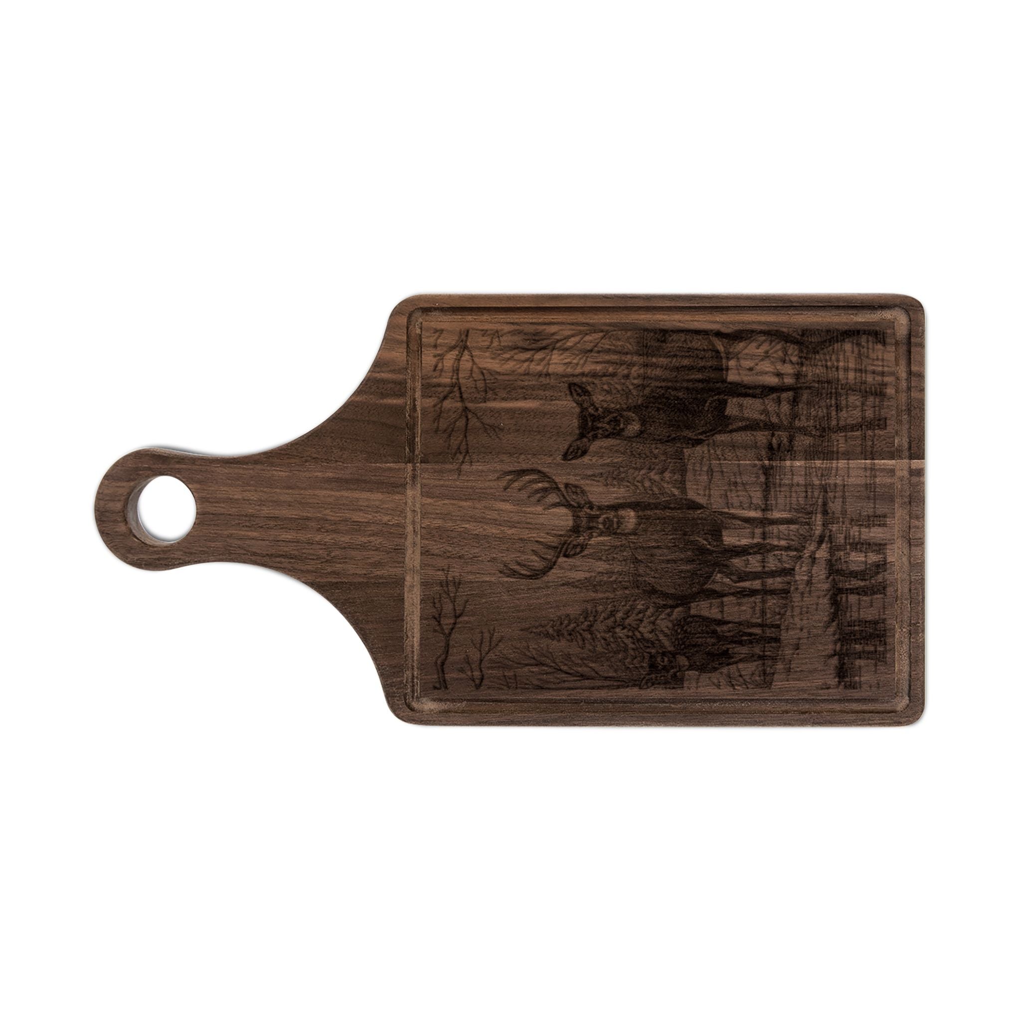 Deer Family in Snow Engraved Wooden Cutting Board Paddle w Handle
